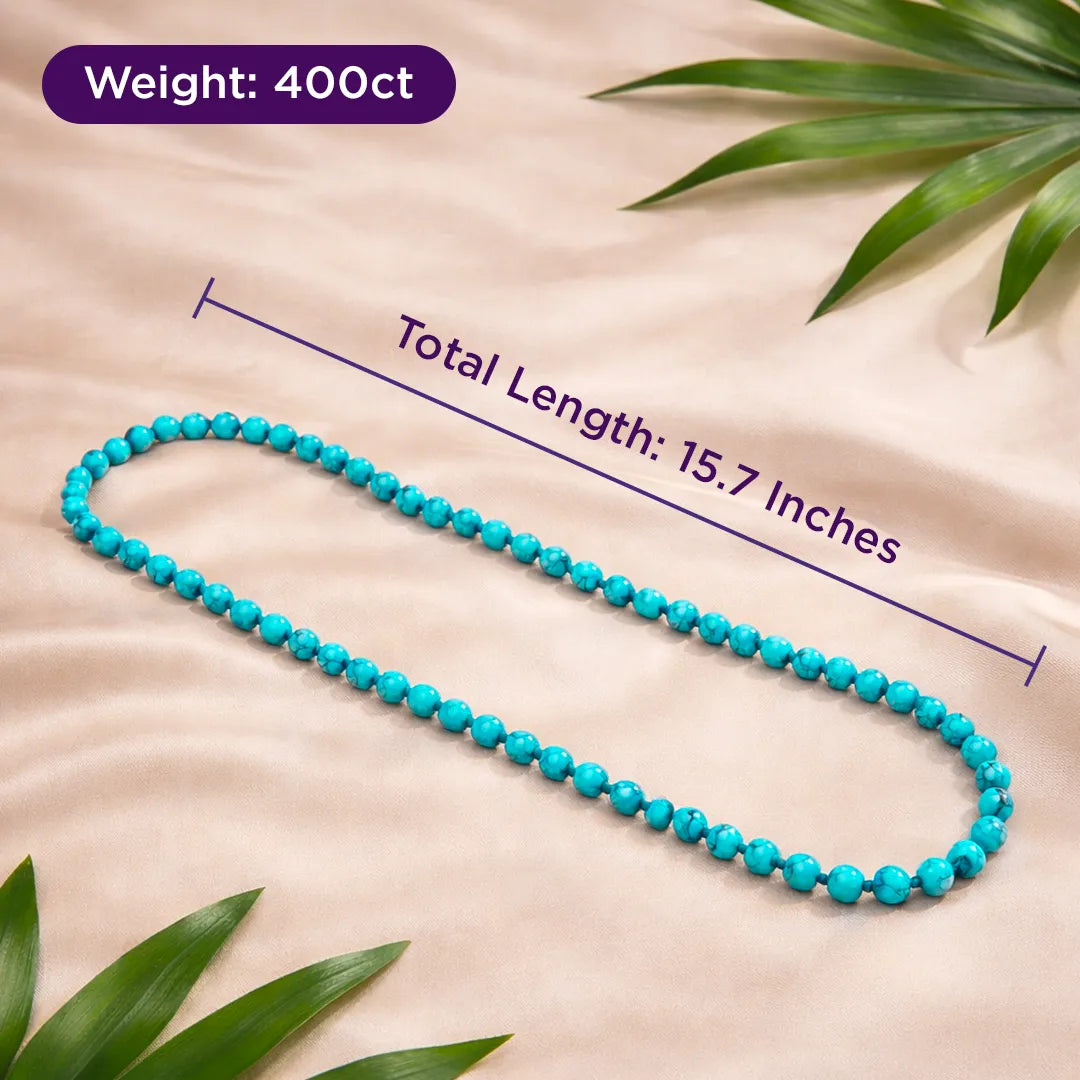 Turquoise beaded necklace with measurements on a beige fabric backgroundTurquoise Necklace for Protection, Communication & Emotional Balance
