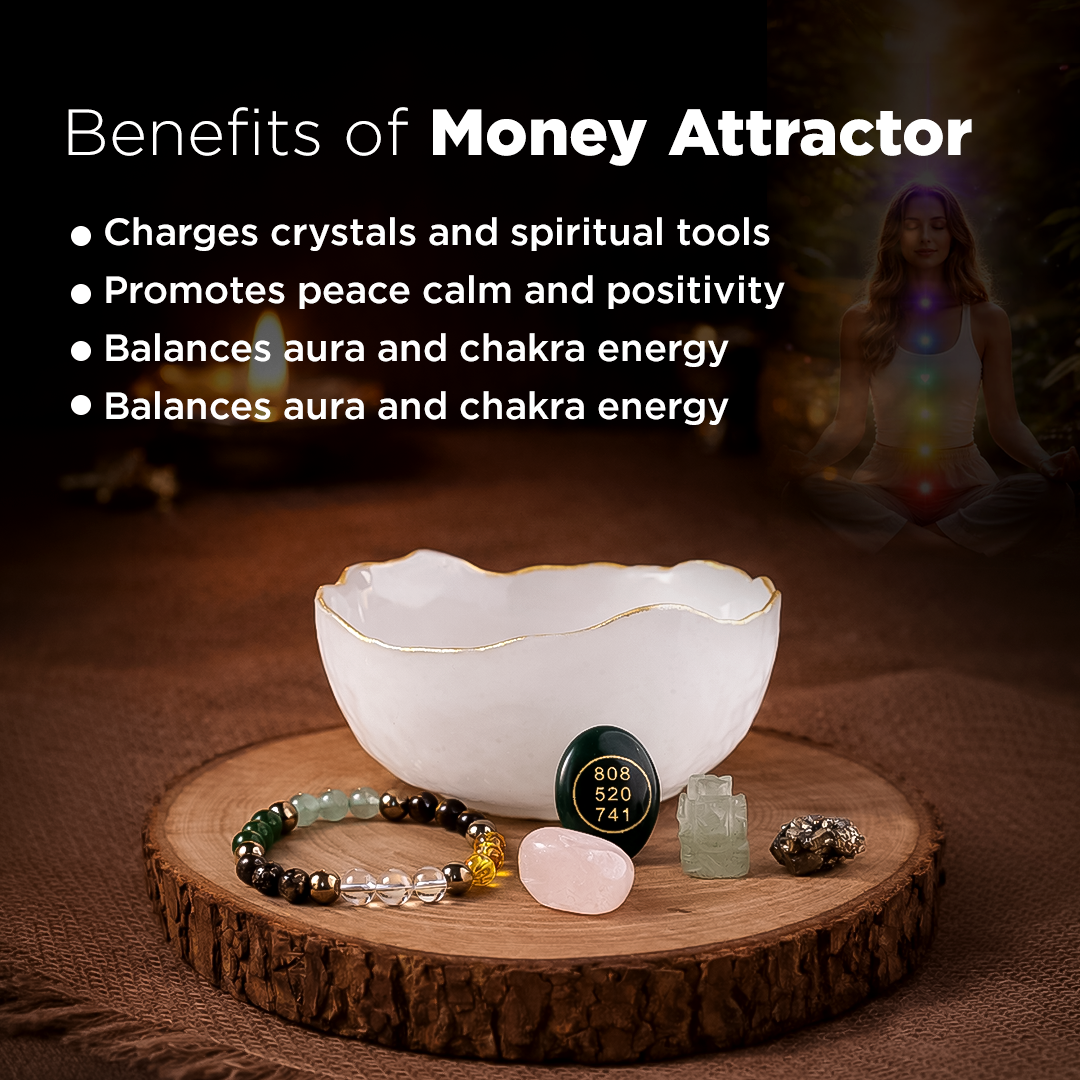 White bowl with crystals on a wooden stand, surrounded by text about money attractor benefits.