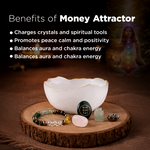 White bowl with crystals on a wooden stand, surrounded by text about money attractor benefits.