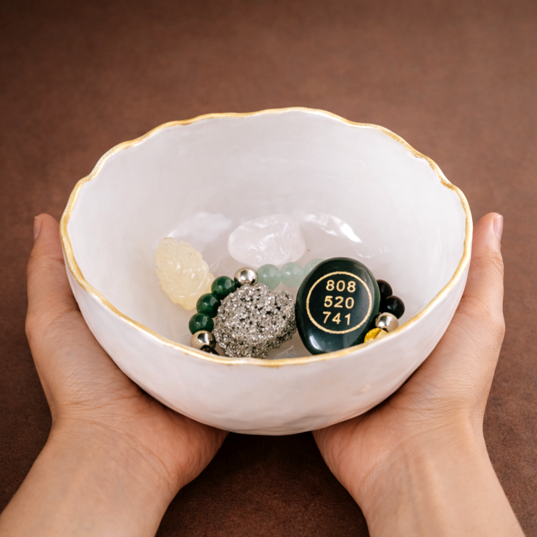 White bowl with gold rim holding various stones and a black circular object with numbers, held by hands against a brown background.