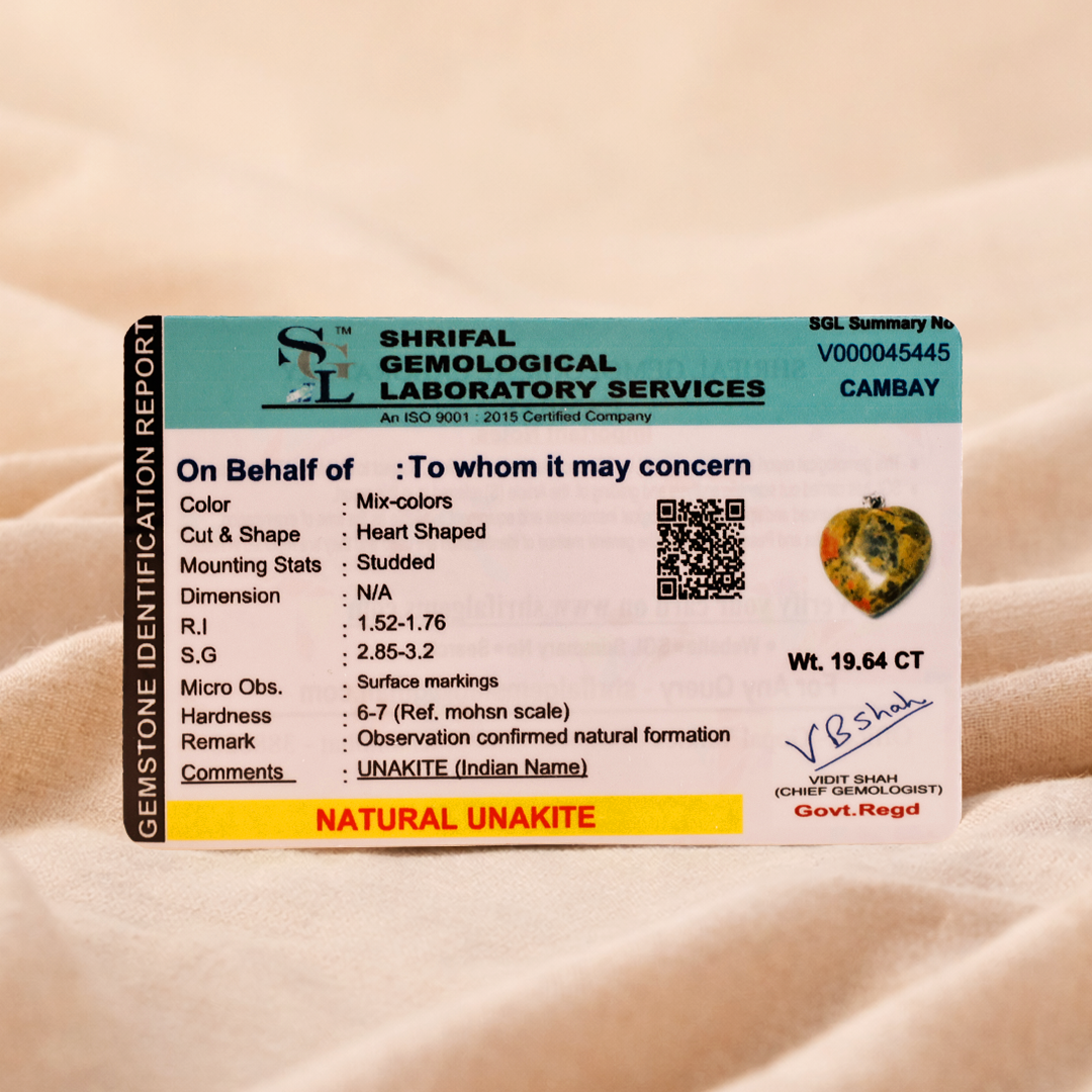 Shriraf Gemological Laboratory Services identification report for a gemstone on a beige background