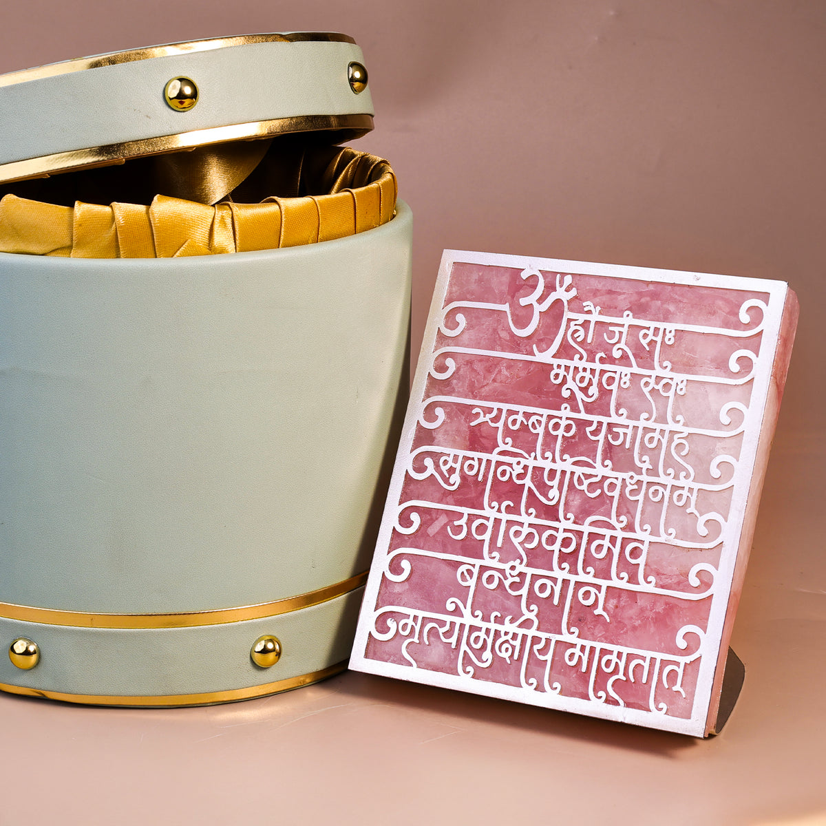 Maha Mrityunjaya Mantra Rose Quartz Tealight Holder