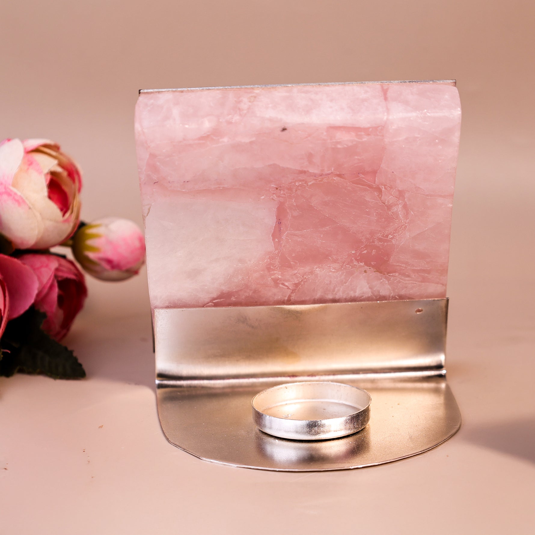 Maha Mrityunjaya Mantra Rose Quartz Tealight HolderMaha Mrityunjaya Mantra Rose Quartz Tealight Holder - Home Decor