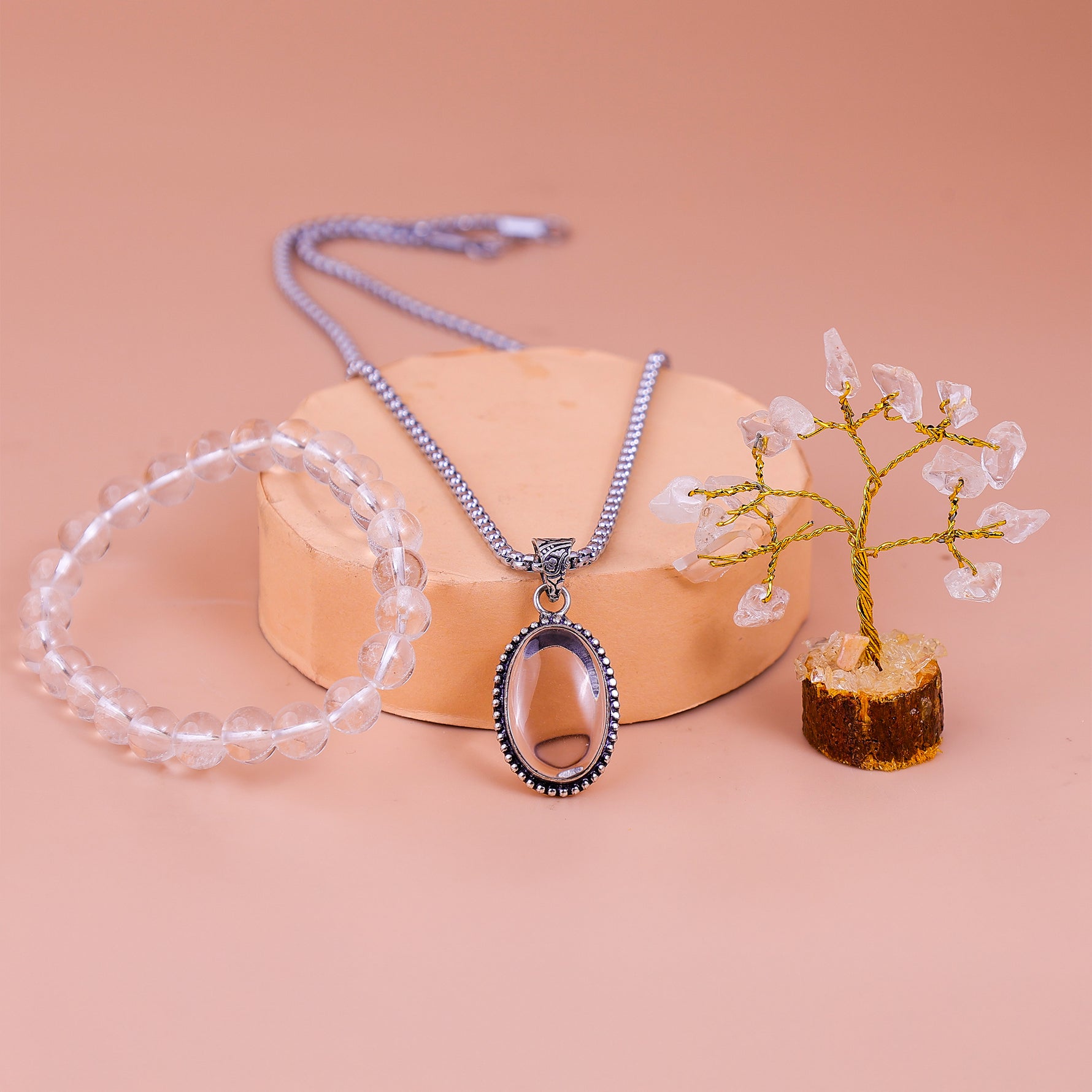 Clear Quartz Bracelet & Pendant with Tree (Combo)Clear Quartz Bracelet & Pendant with Tree (Combo)