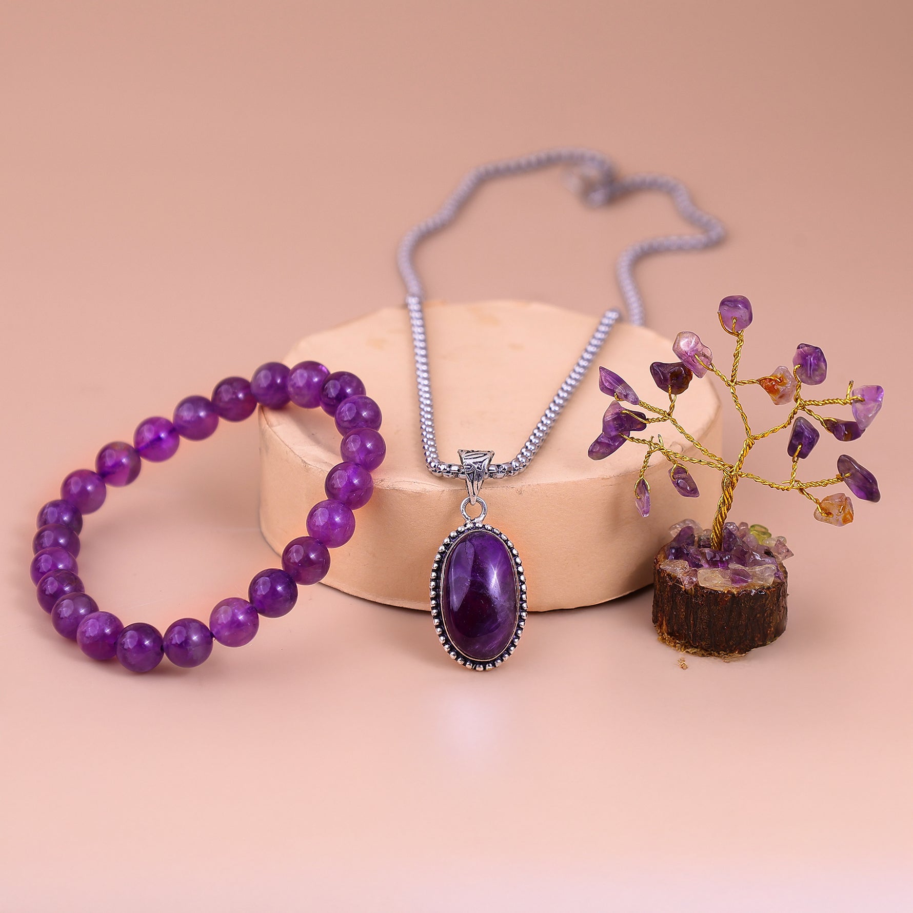 Amethyst Bracelet & Pendant With Tree (Combo)Amethyst Bracelet & Pendant With Tree (Combo)