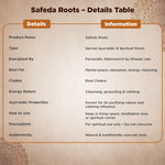 Product details table for Safeda Roots on a decorative background