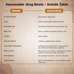 Product details table for Samanader Jhag Roots on a decorative background