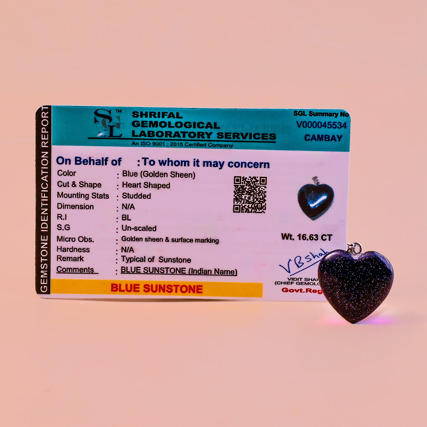 Blue Sunstone Heart Pandent - Abhimantrit & Certified
