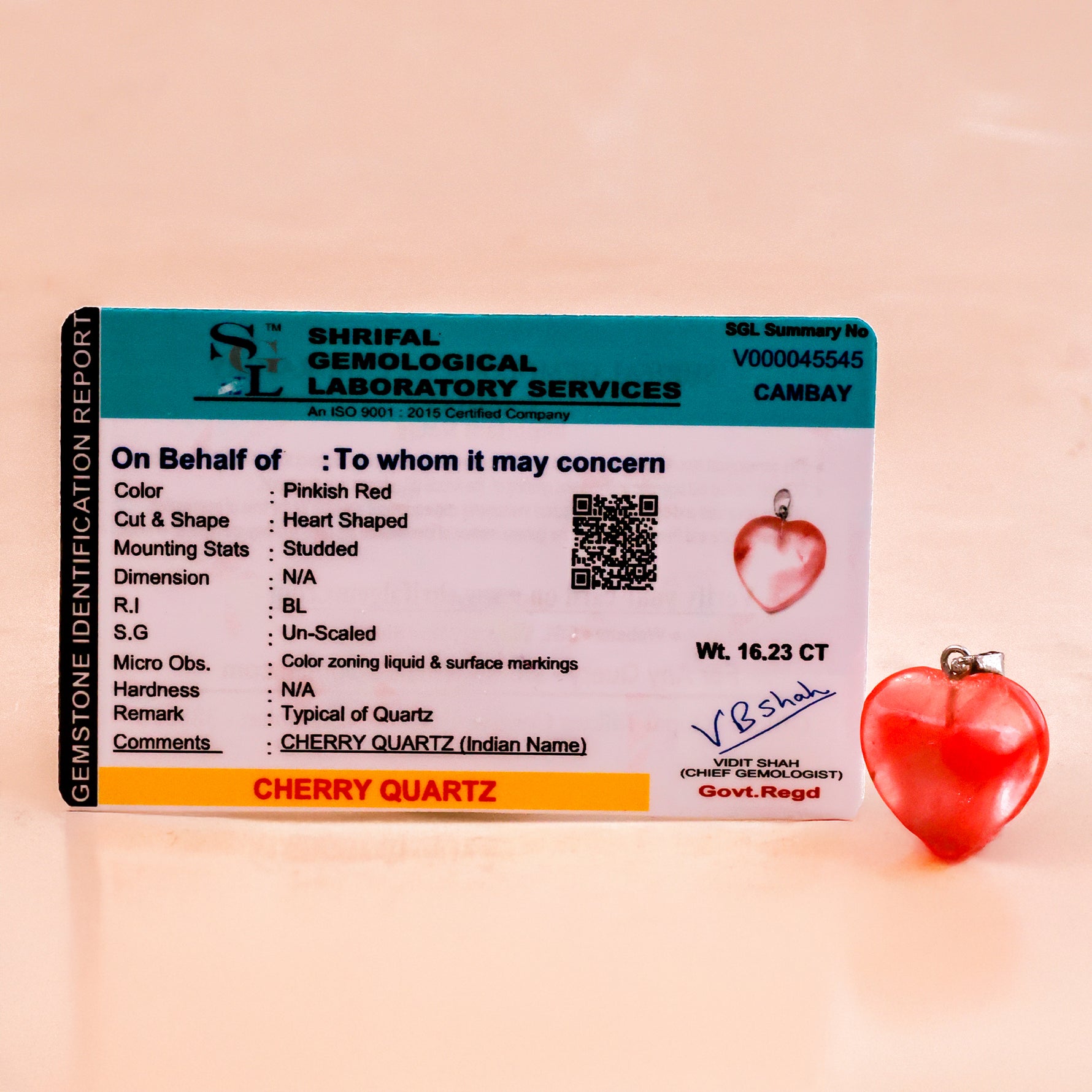 Cherry Quartz Heart Pandent - Abhimantrit & Certified