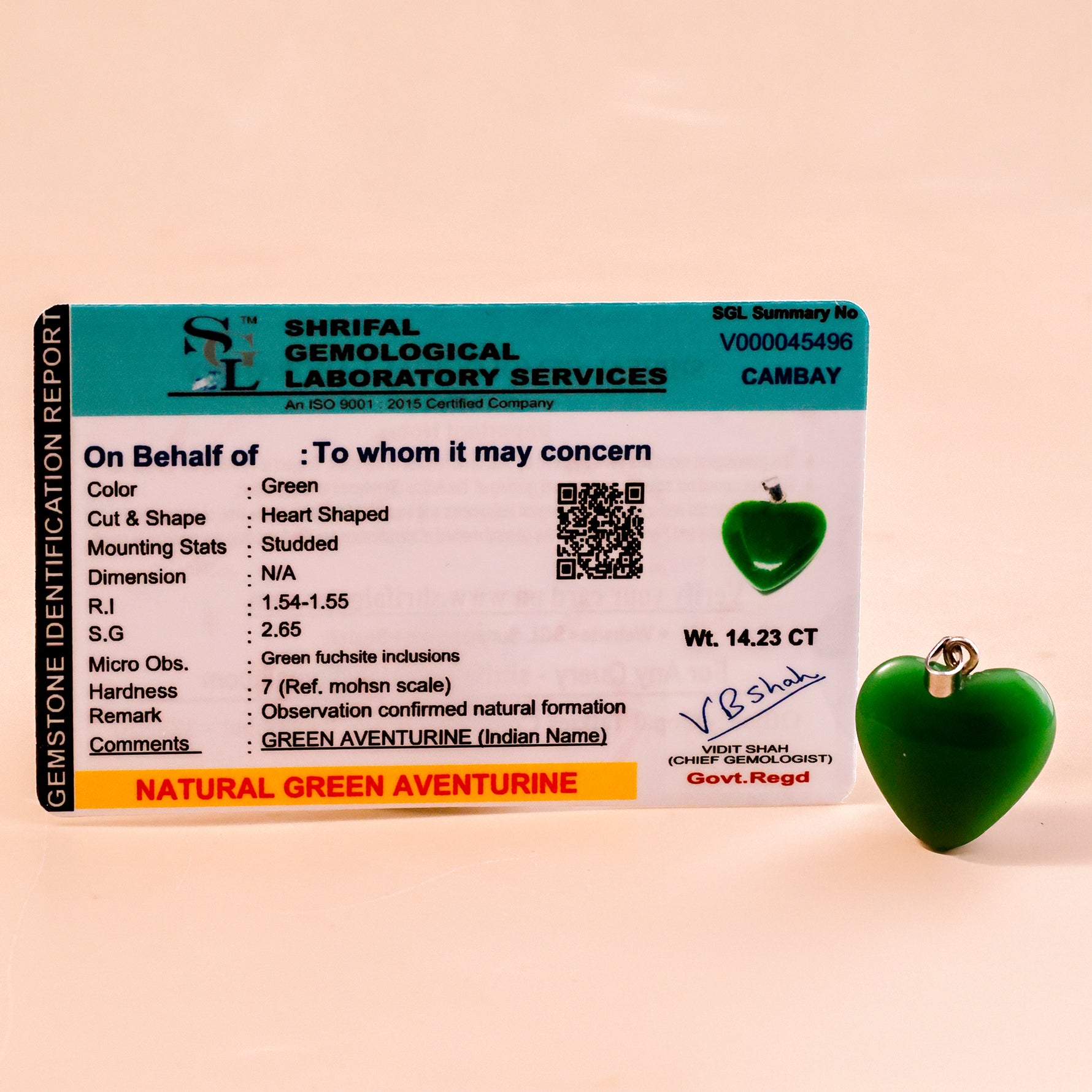Green AGventurine Heart Pendant -  Abhimantrit & Certified