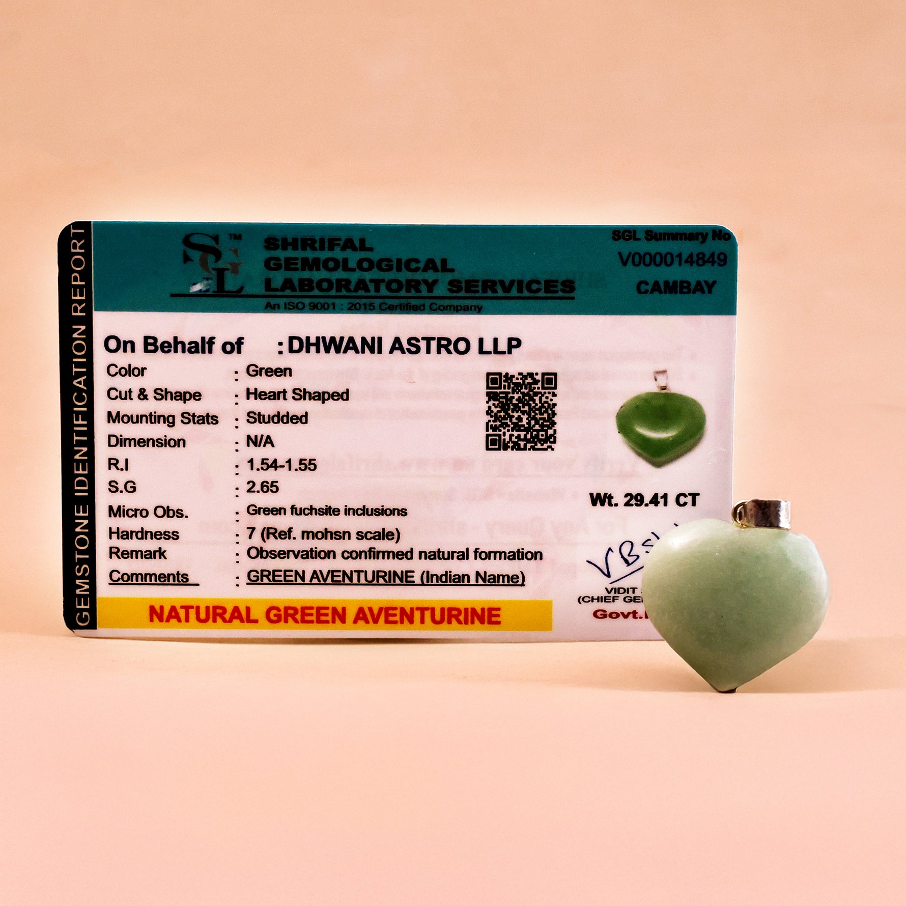 Green Aventure Lite Color Heart Pendant - Abhimantrit & Certified