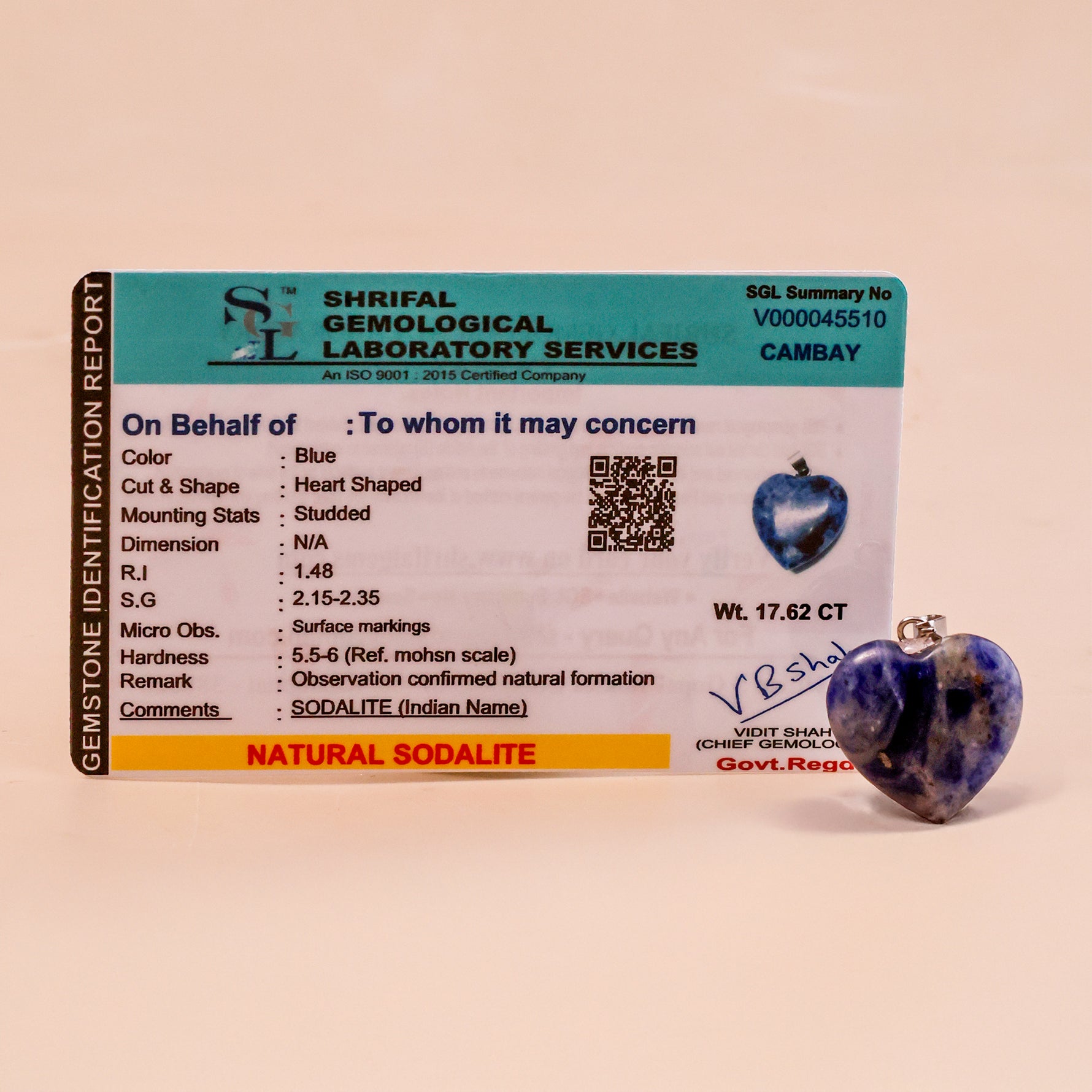Sodalite Heart Pendant - Abhimantra & Certified