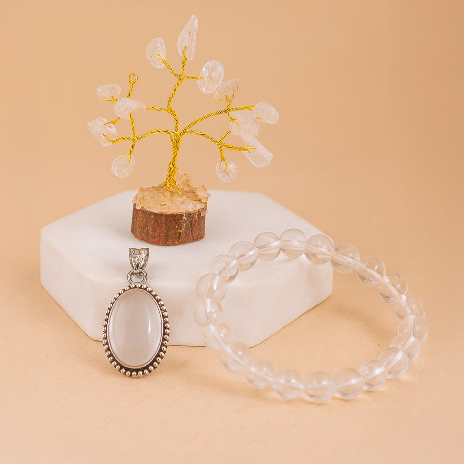 Clear Quartz Bracelet & Pendant with Tree (Combo)