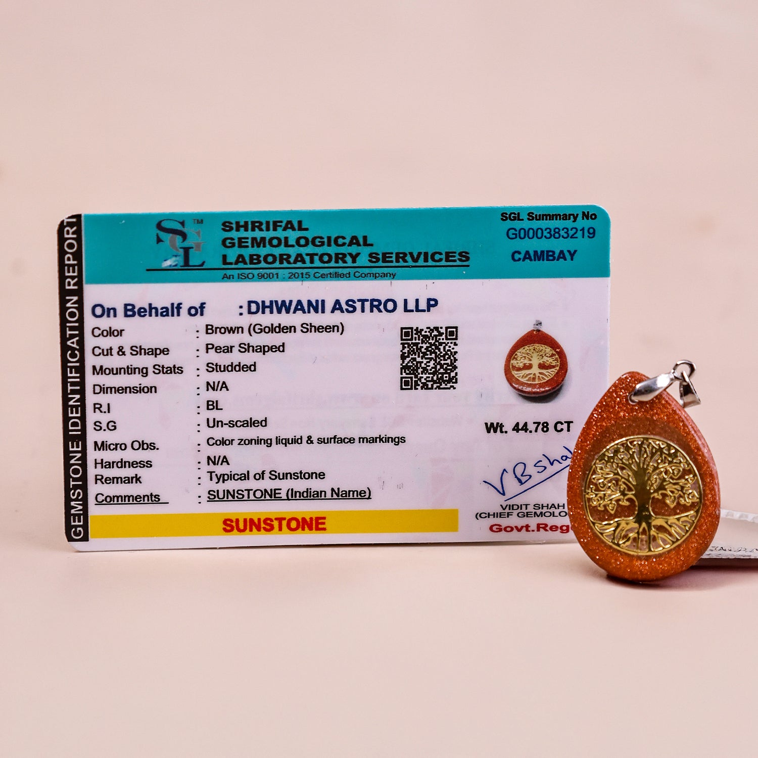 Sunstone Life of Tree Pendant - Abhimantrit & Certified