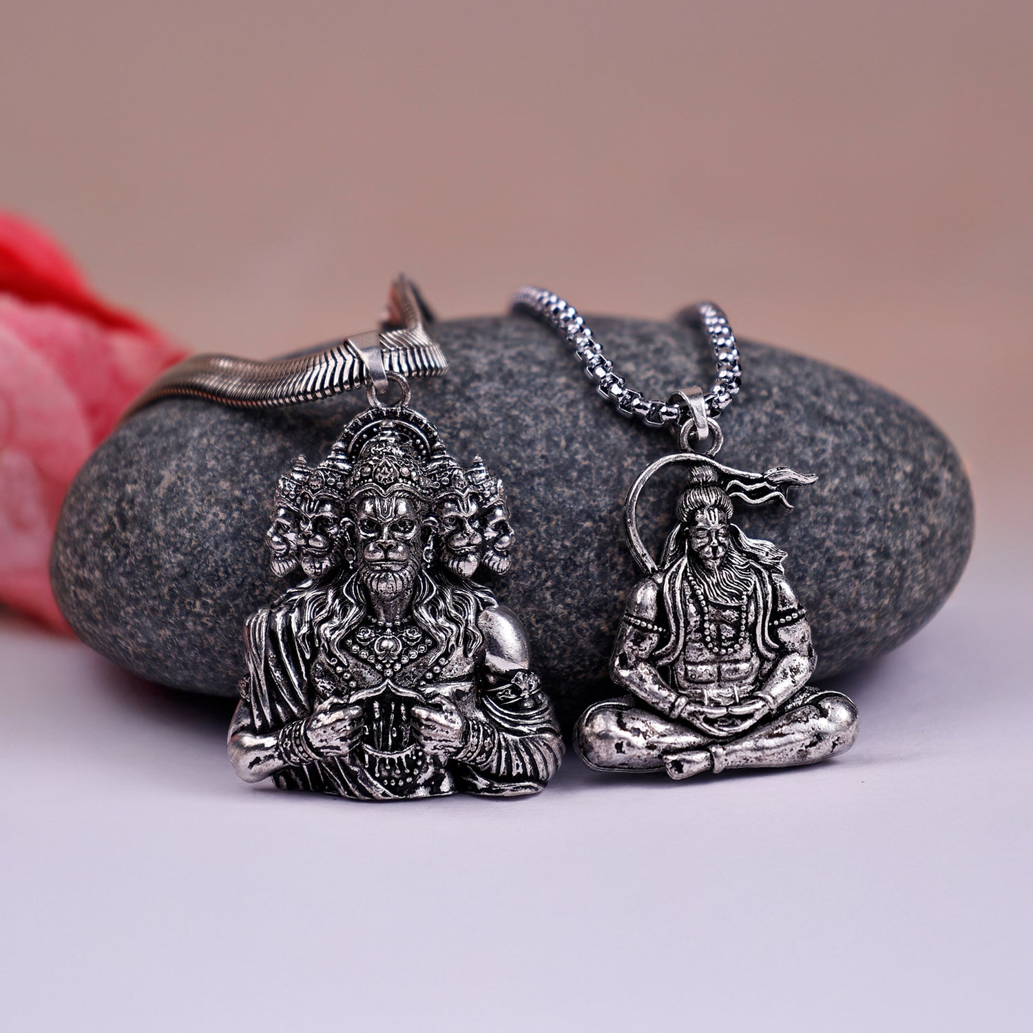 Silver Panchmukhi & Meditating Hanuman Ji Pendant Combo