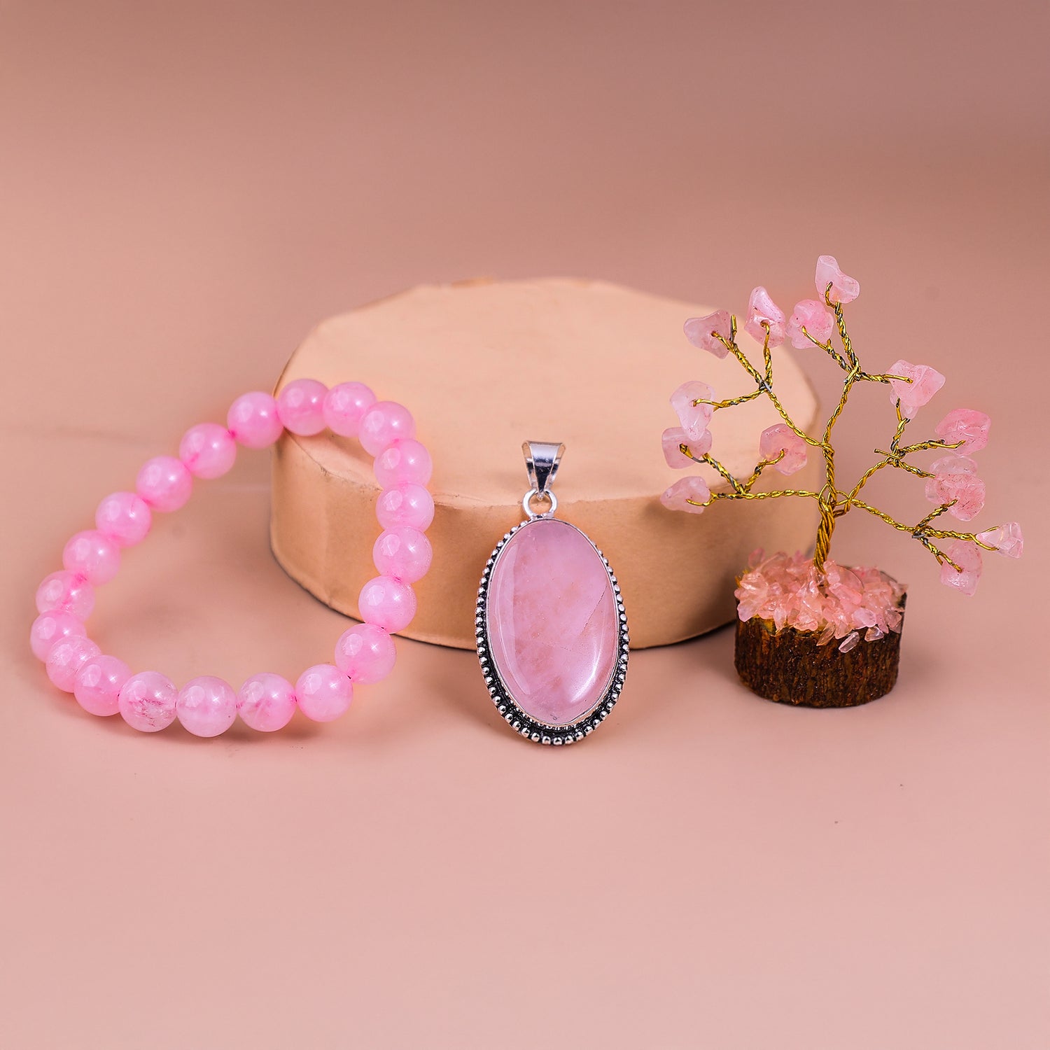 Rose Quartz Bracelet & Pendant With Tree (Combo)