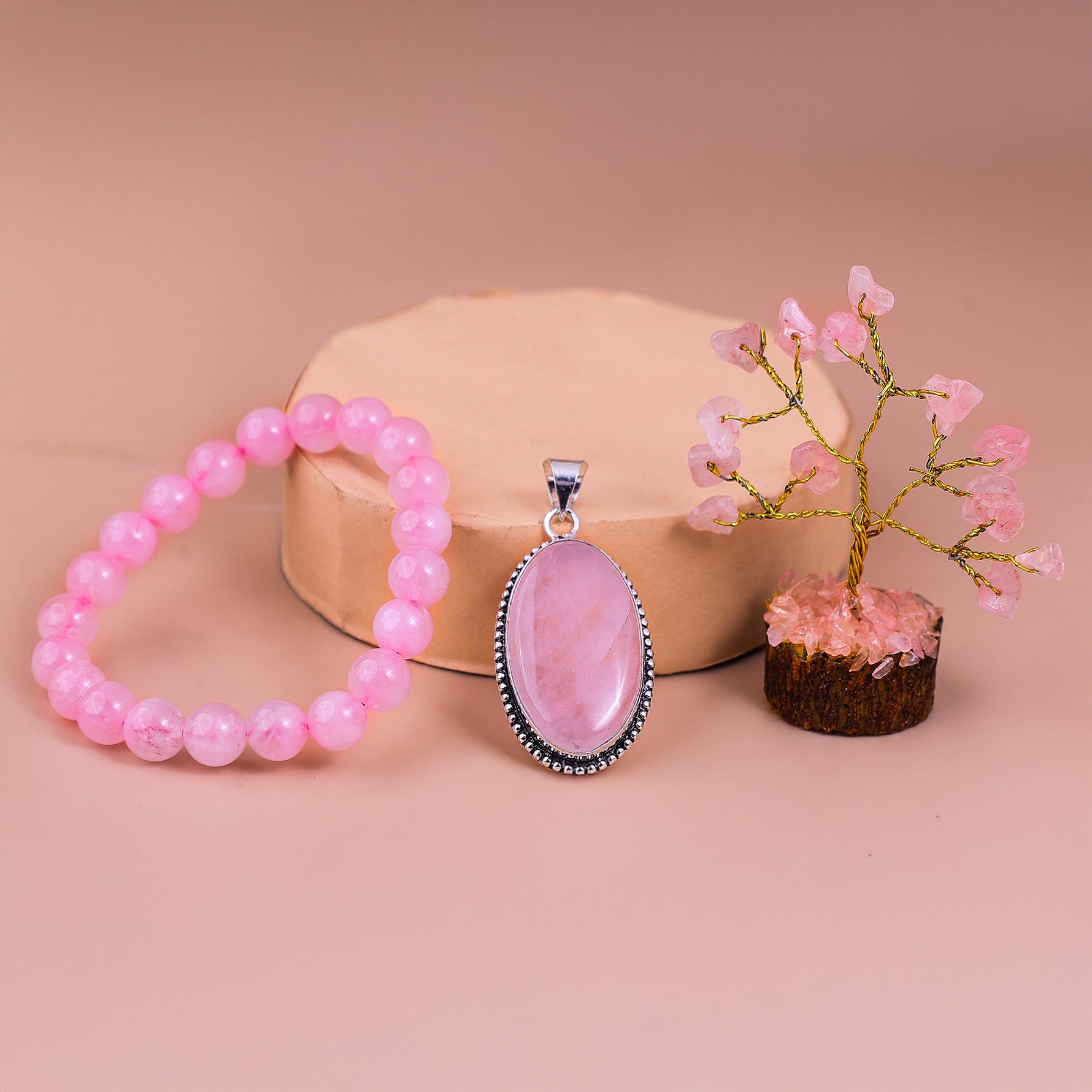 Rose Quartz Bracelet & Pendant With Tree (Combo)Rose Quartz Bracelet & Pendant With Tree (Combo)