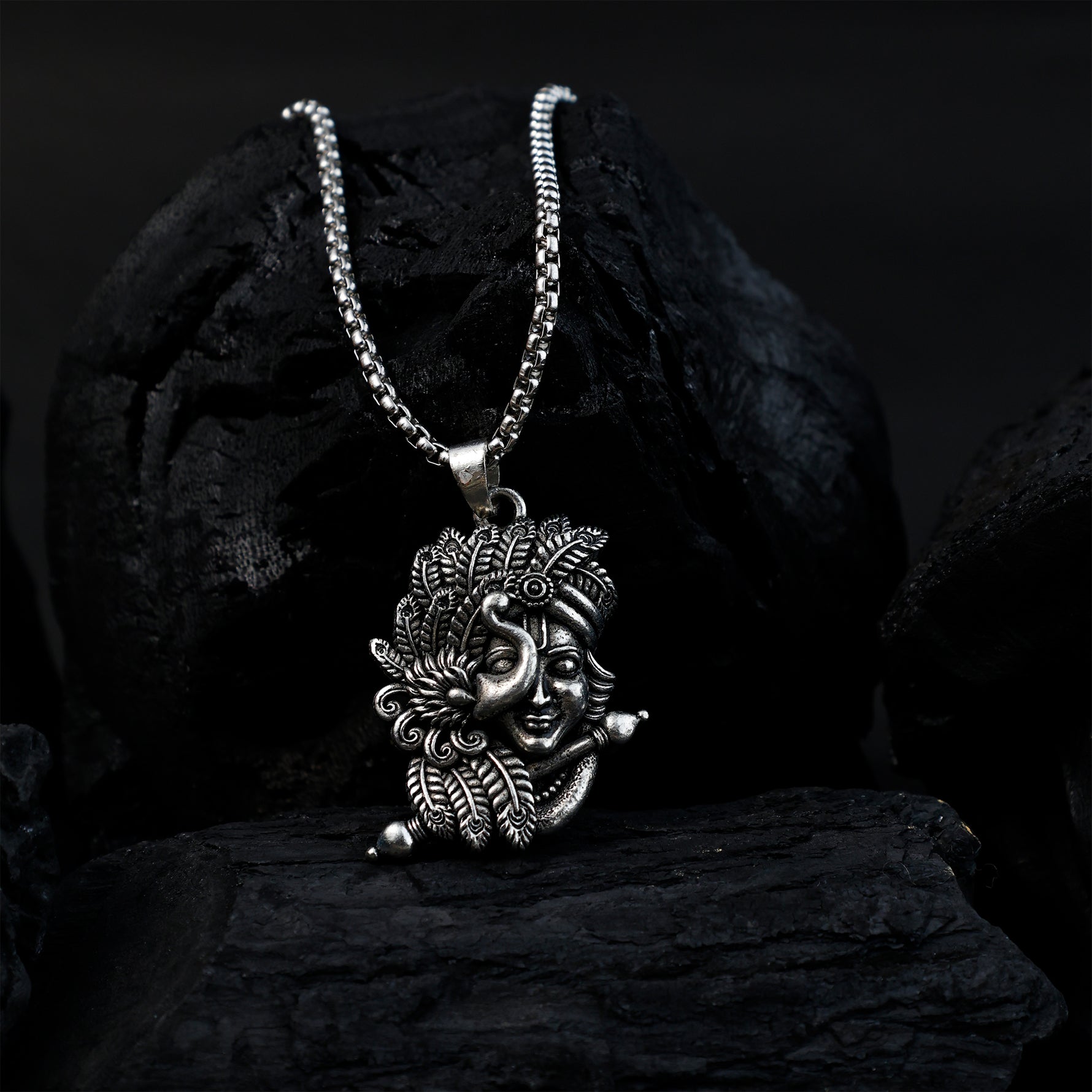 Silver Plated Krishna with Peacock Pendant - Abhimantrit