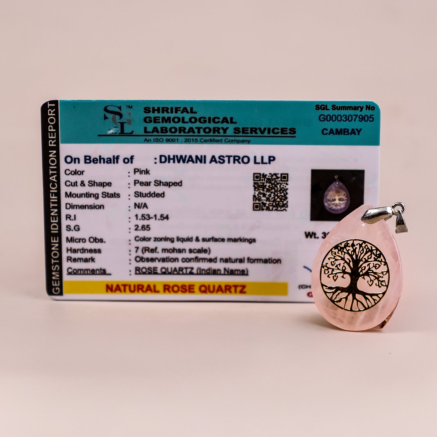 Rose Quartz Life of Tree Pendant - Abhimantrit & Certified