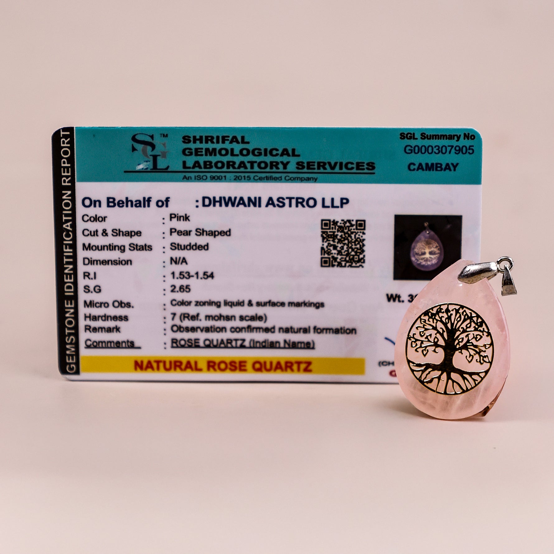 Rose Quartz Life of Tree Pendant - Abhimantrit & Certified