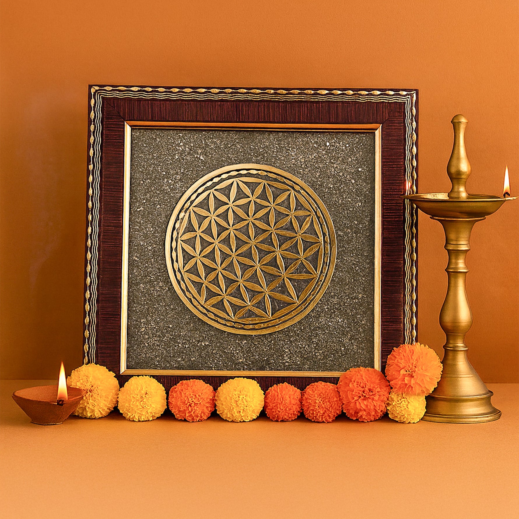 Flower Of Life Raw Pyrite Frame - Abhimantrit