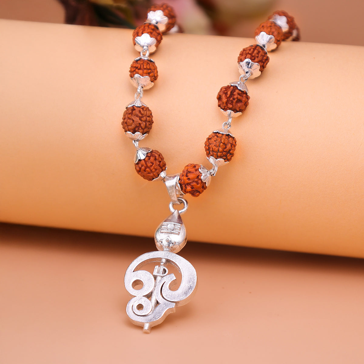 Silver Rudraksha Mala with Murugan Trishul Pendant