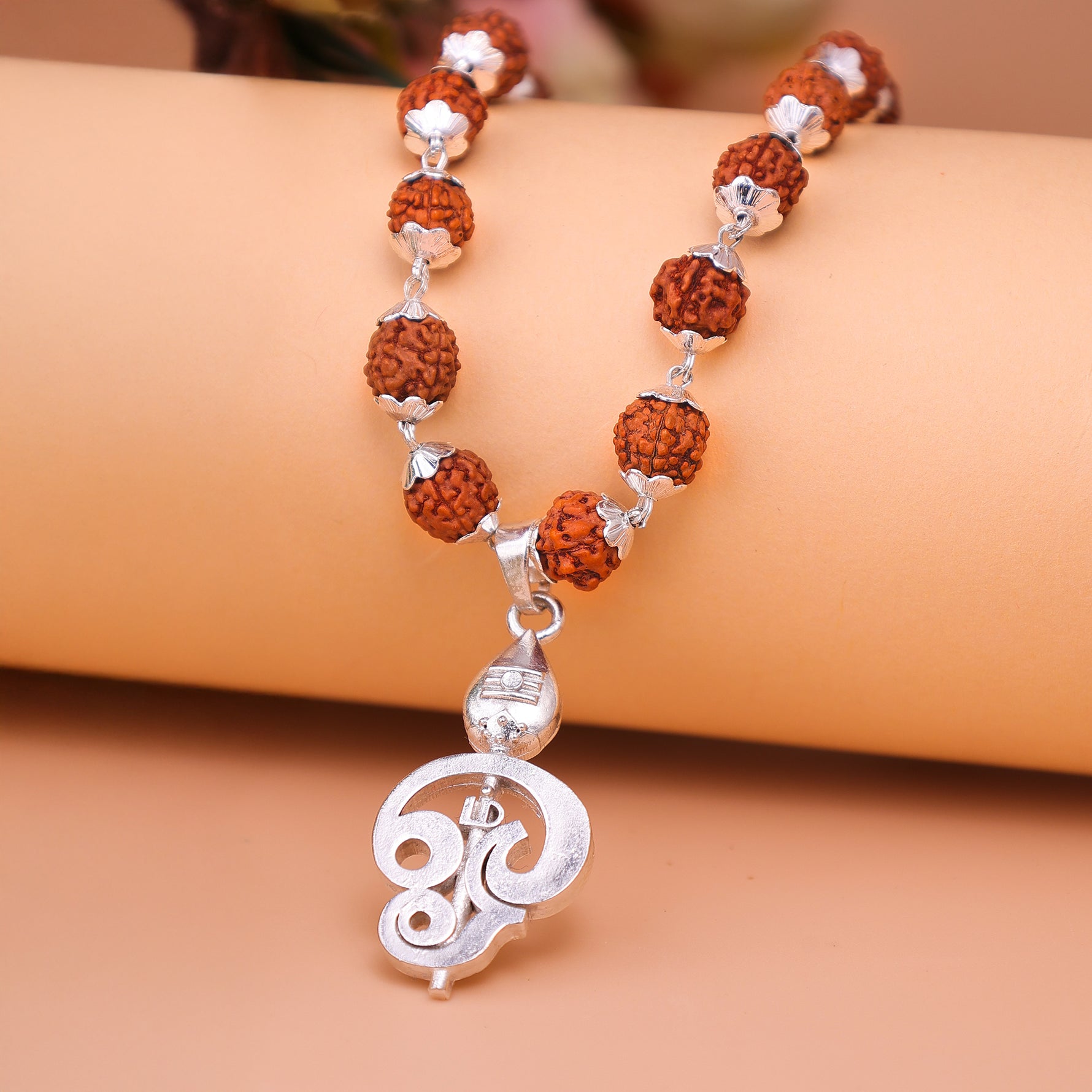 Silver Rudraksha Mala with Murugan Trishul PendantSilver Rudraksha Mala with Murugan Trishul Pendant - Abhimantrit