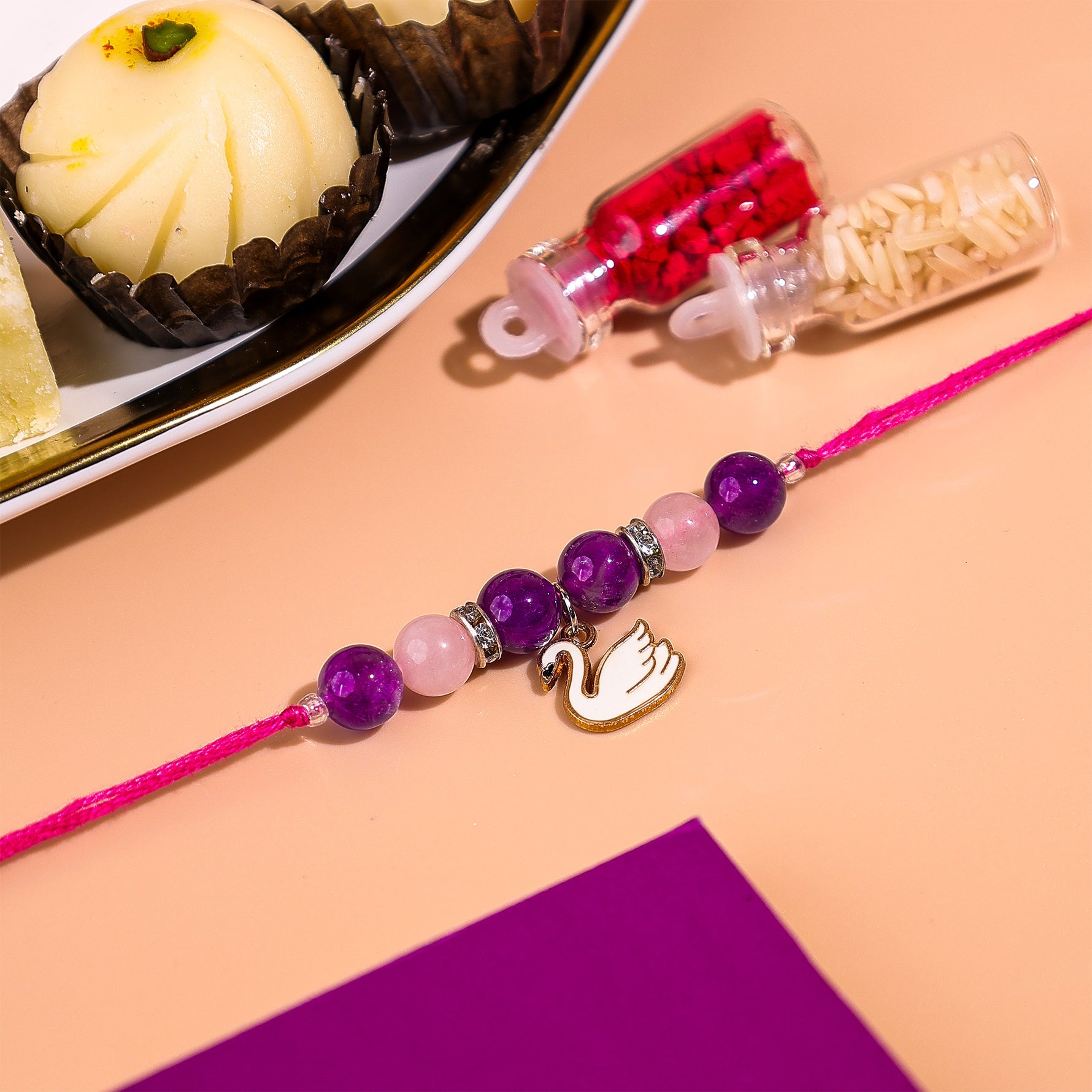 amethyst and rose quartz Rakhi - Abhimantrit & Certified