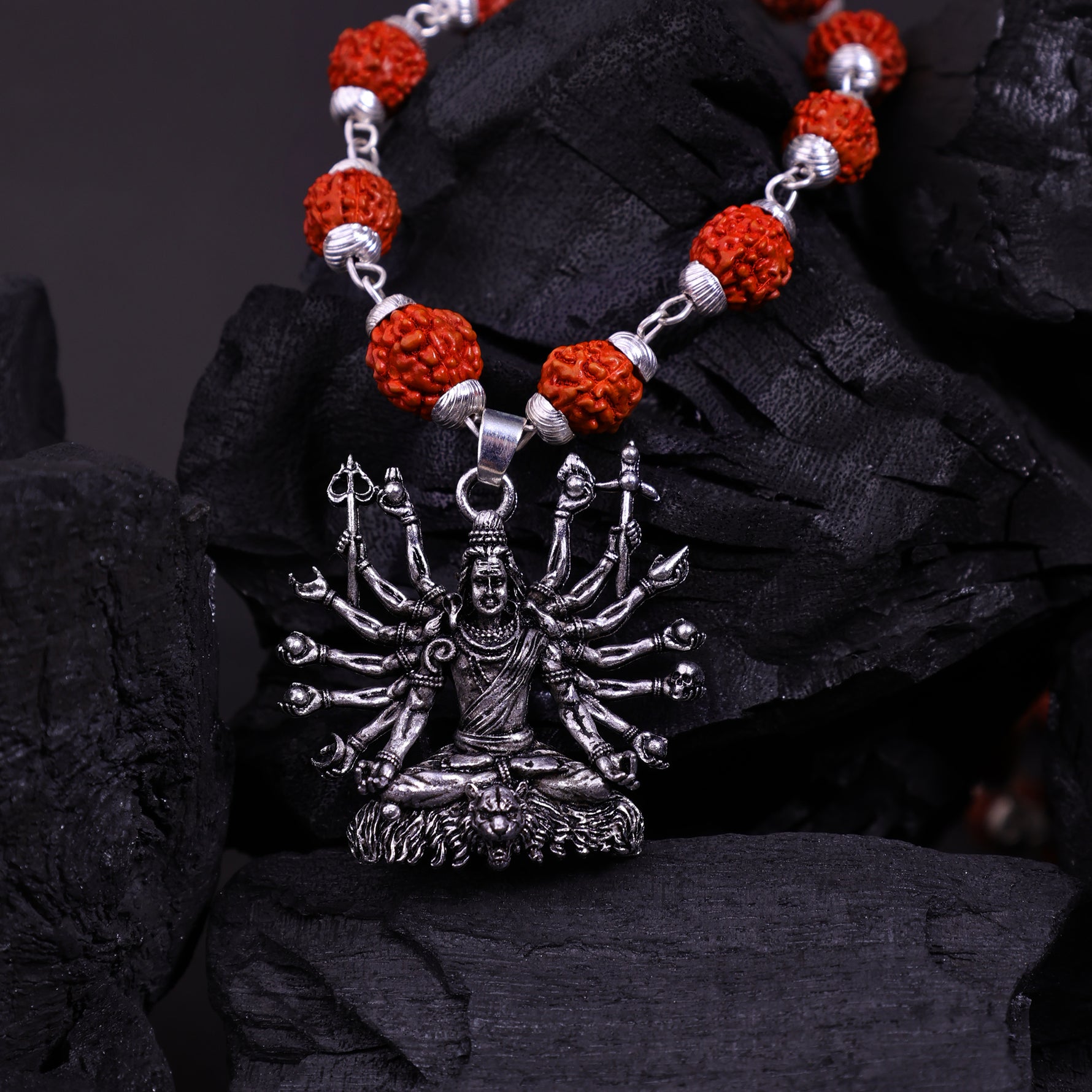 Silver Plated Lord Shiva Sitted Rudraksha Mala- Abhimantrit