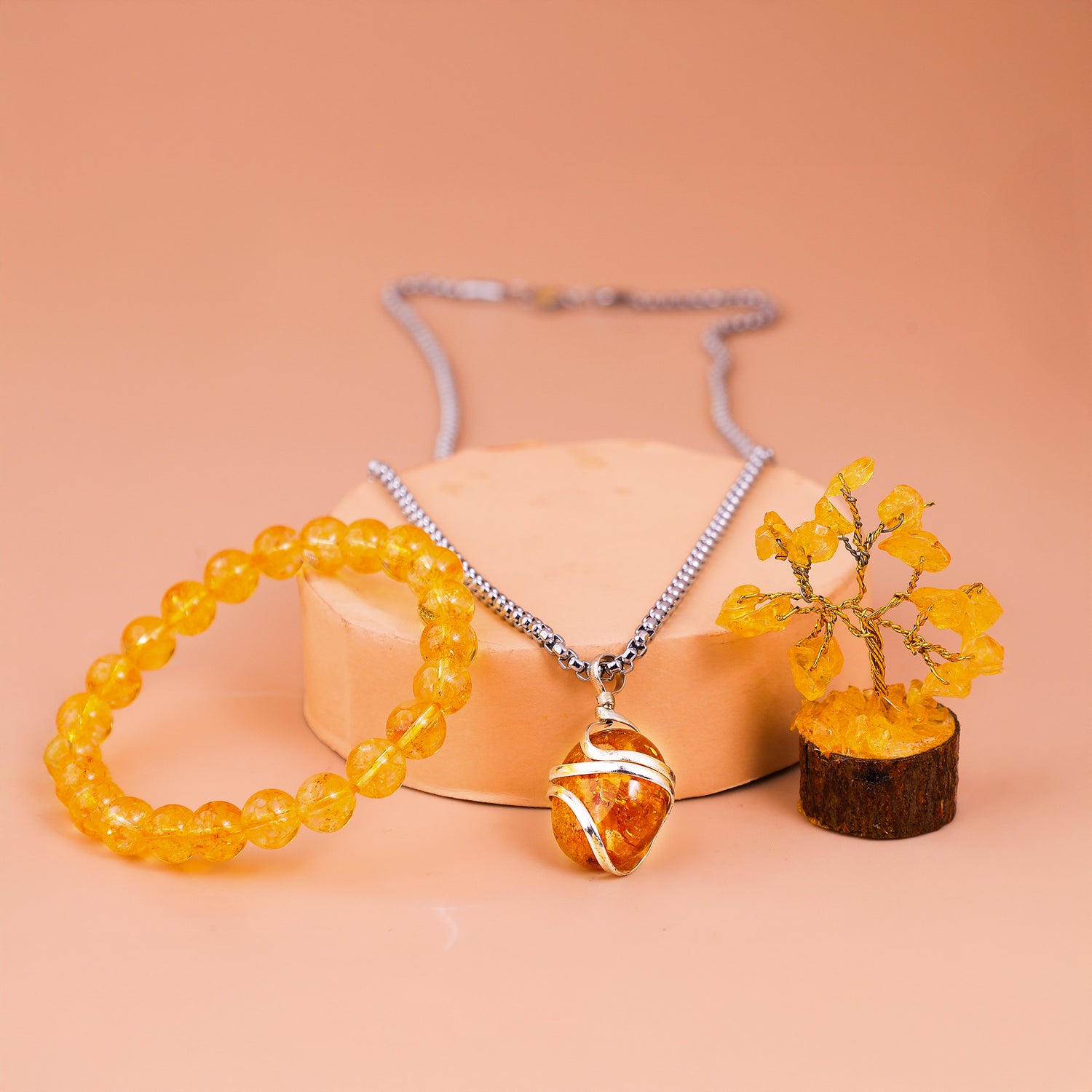 Yellow Citrine Bracelet & Pendant With Tree (Combo)