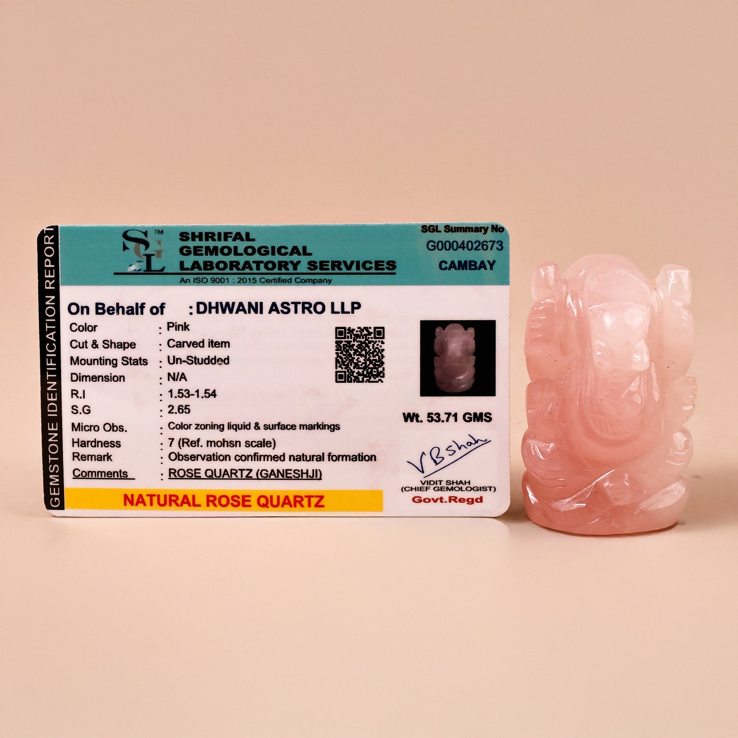 Rose Quartz Ganesha - Abhimantrit & Certified
