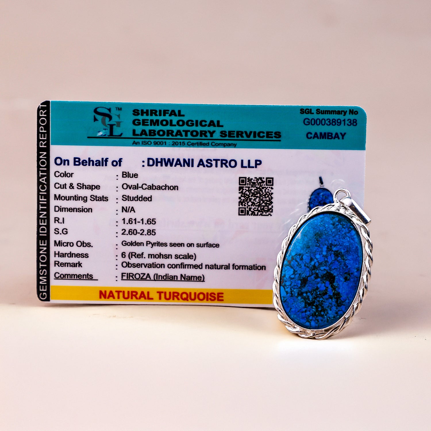 Turquoise (Firoza) Pendant - Abhimantrit & Certified