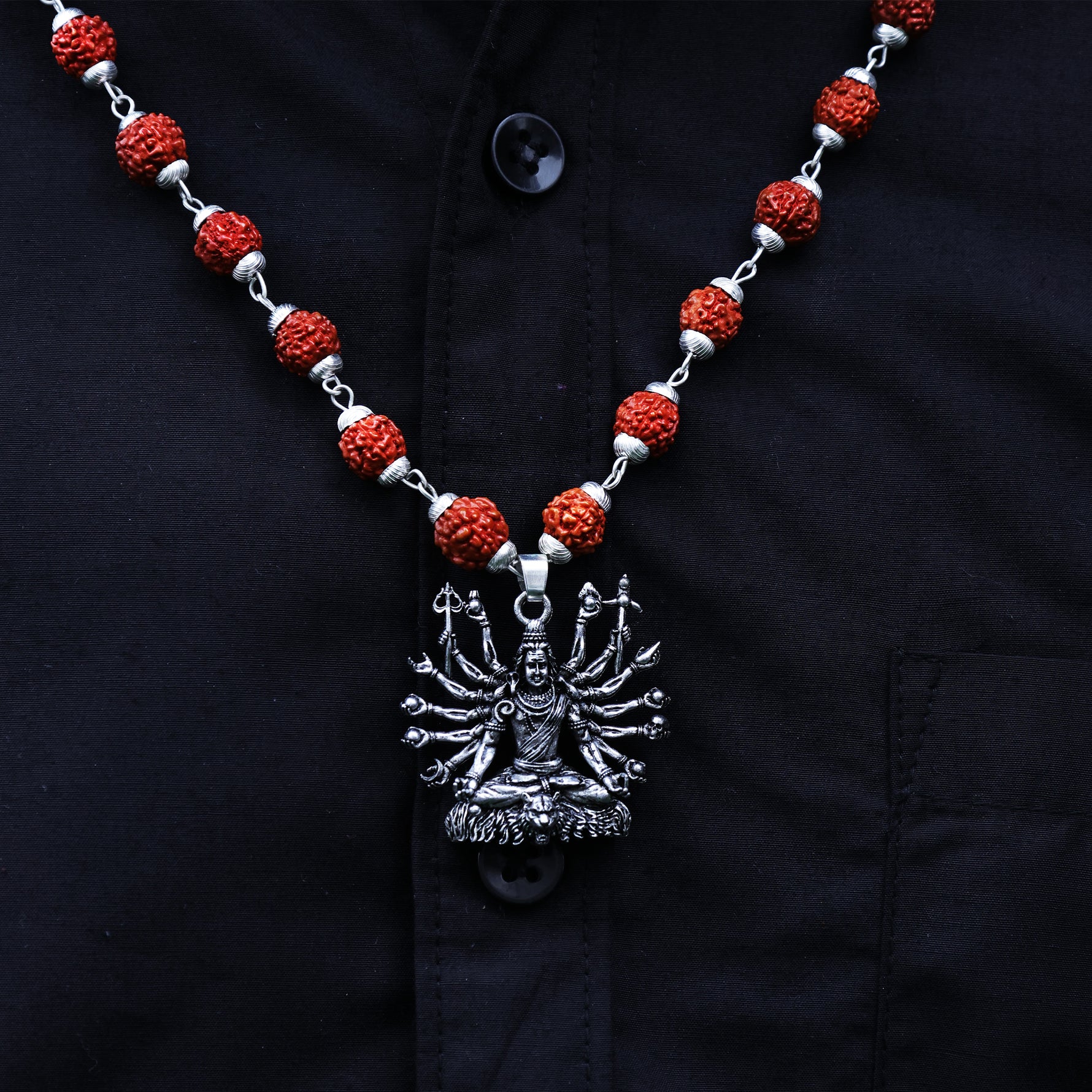 Silver Plated Lord Shiva Sitted Rudraksha Mala- Abhimantrit