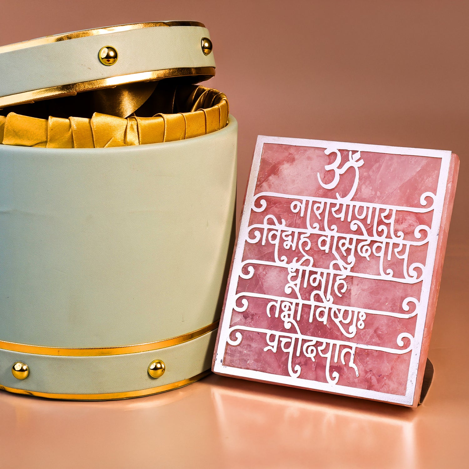 Vishnu Gayatri Mantra Rose Quartz Tealight Holder