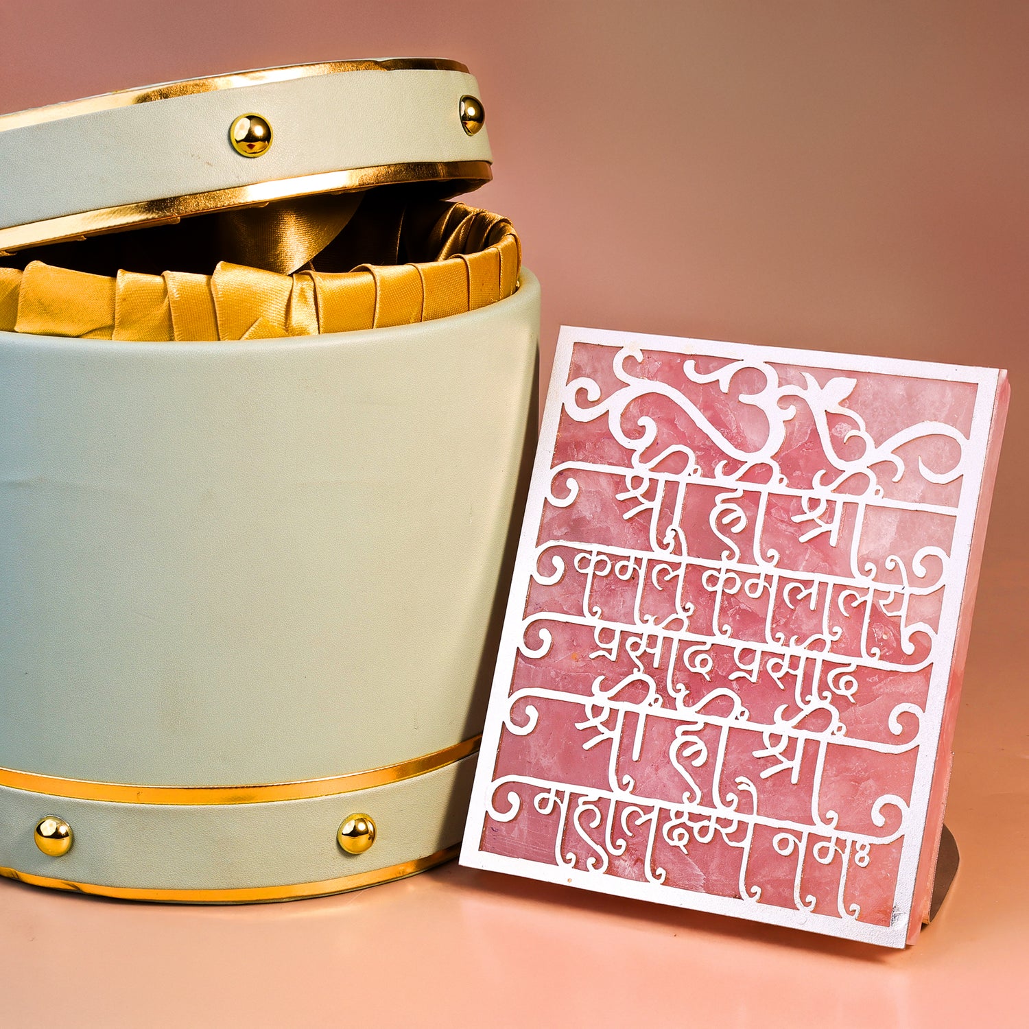 Shree Mahalakshmi Beej Dhyan Mantra Rose Quartz Tealight Holder