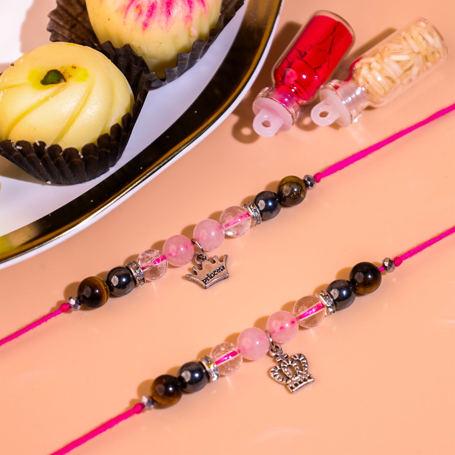 Rose quatz and tiger eye combo rakhi