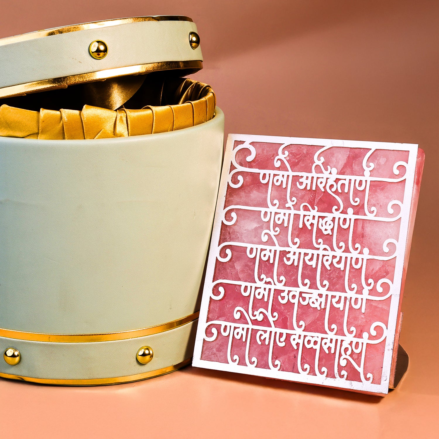 Jain Namaskar Mahamantra Rose Quartz Tealight Holder