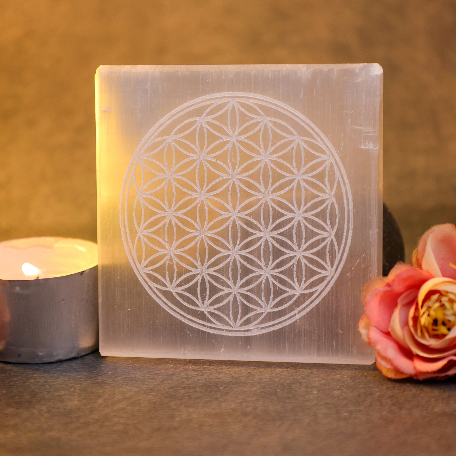 Flower of Life Selenite Plate Square - Abhimantrit