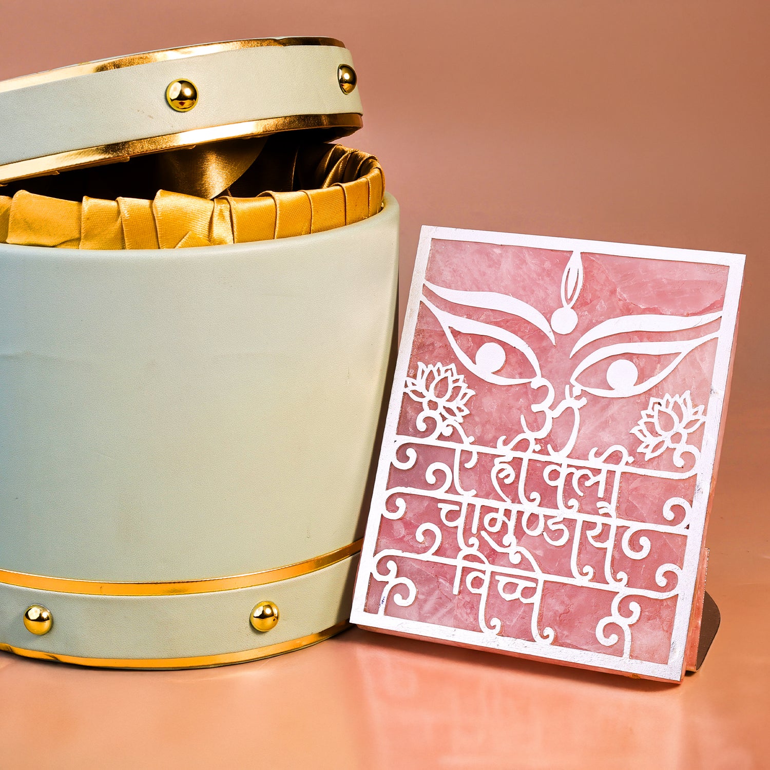 Chamunda Beej Mantra Rose Quartz Tealight Holder 