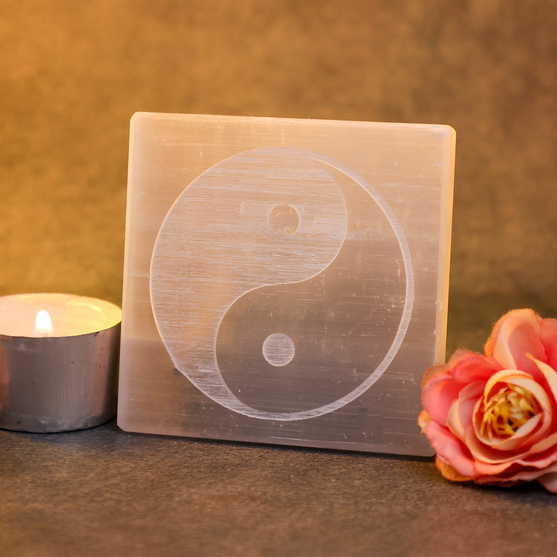 Yin & Yang Selenite Plate Square - Abhimantrit
