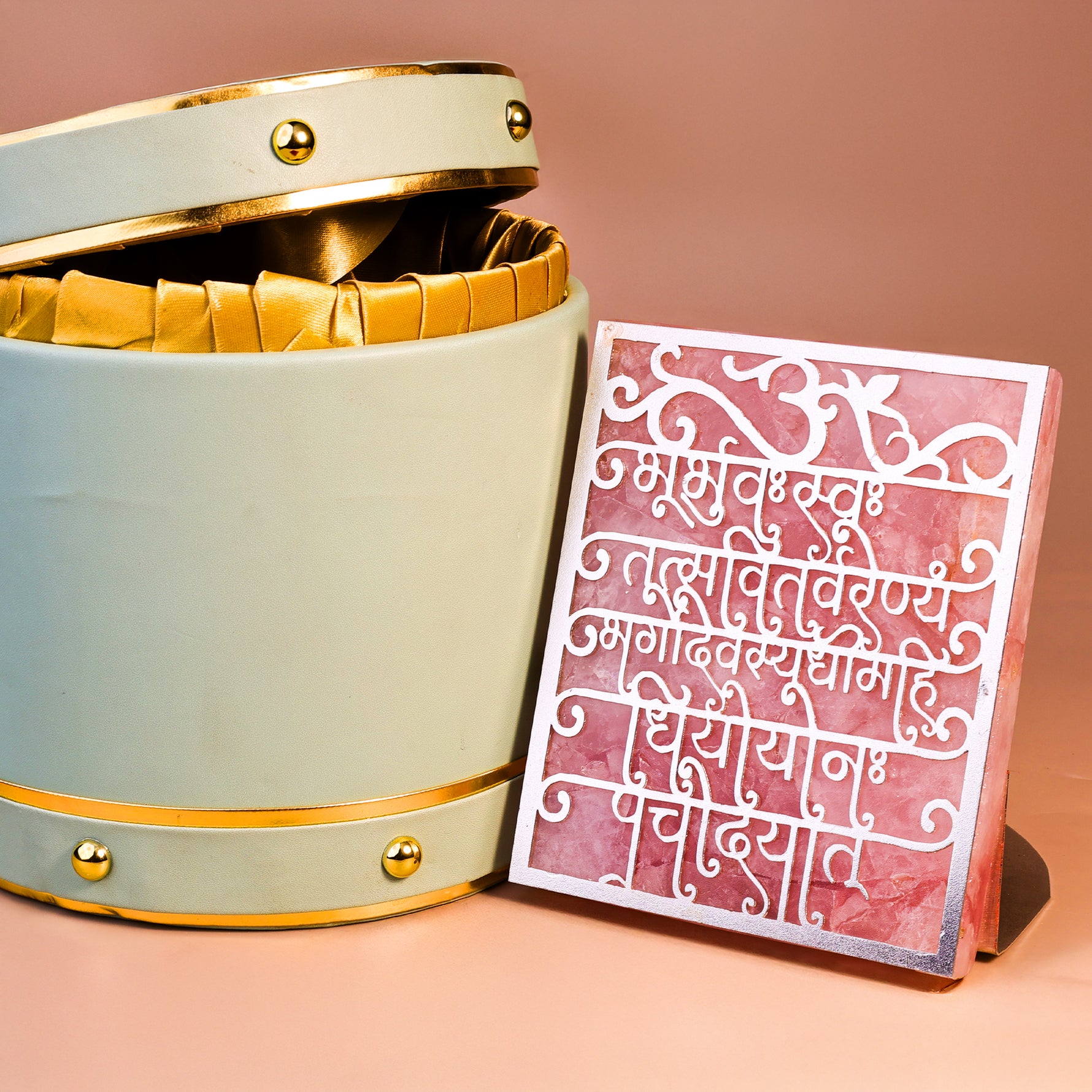 Gayatri Mantra Rose Quartz Tealight HolderGayatri Mantra Rose Quartz Tealight Holder - Home Decor