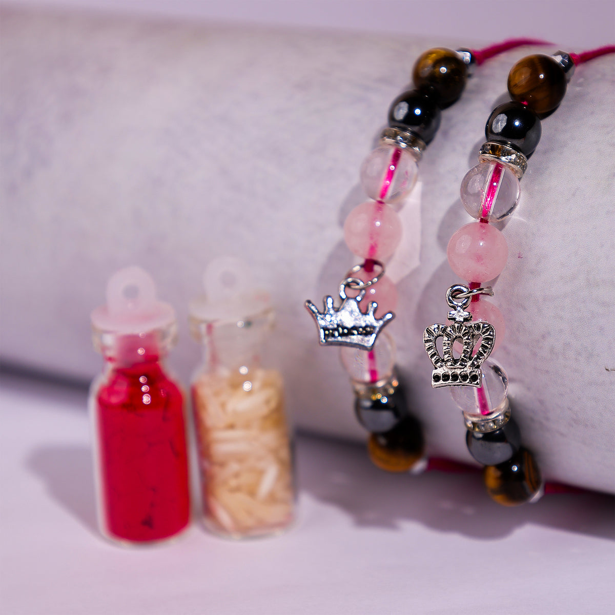 Rose quatz and tiger eye combo rakhi