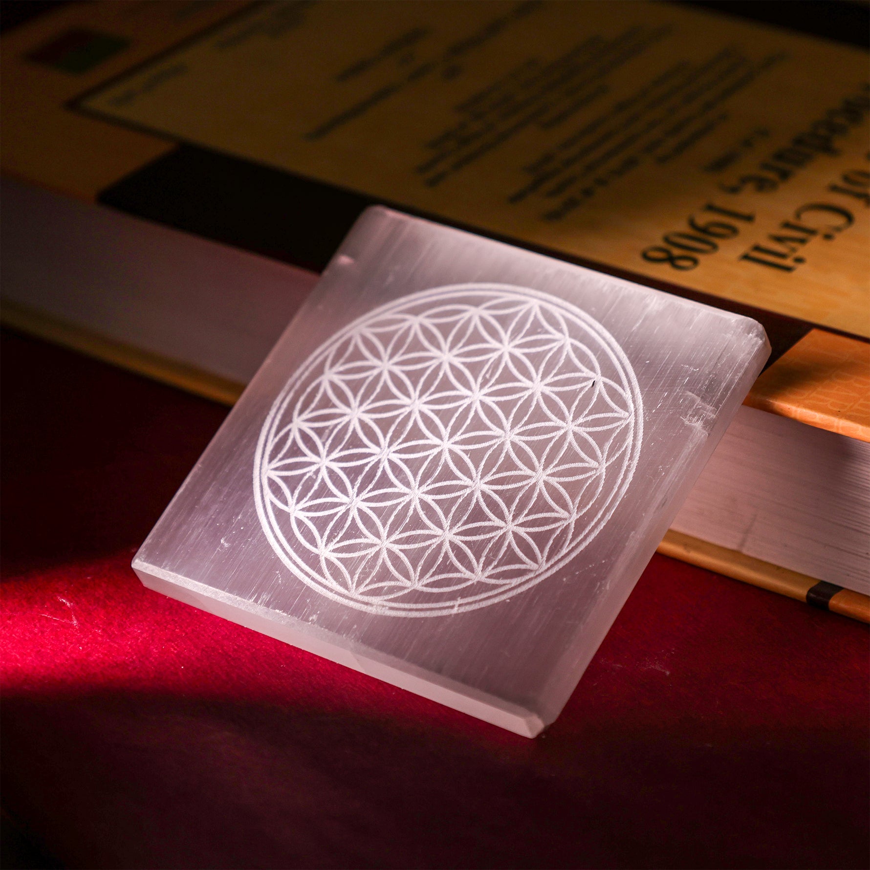 Flower of Life Selenite Plate Square - Abhimantrit