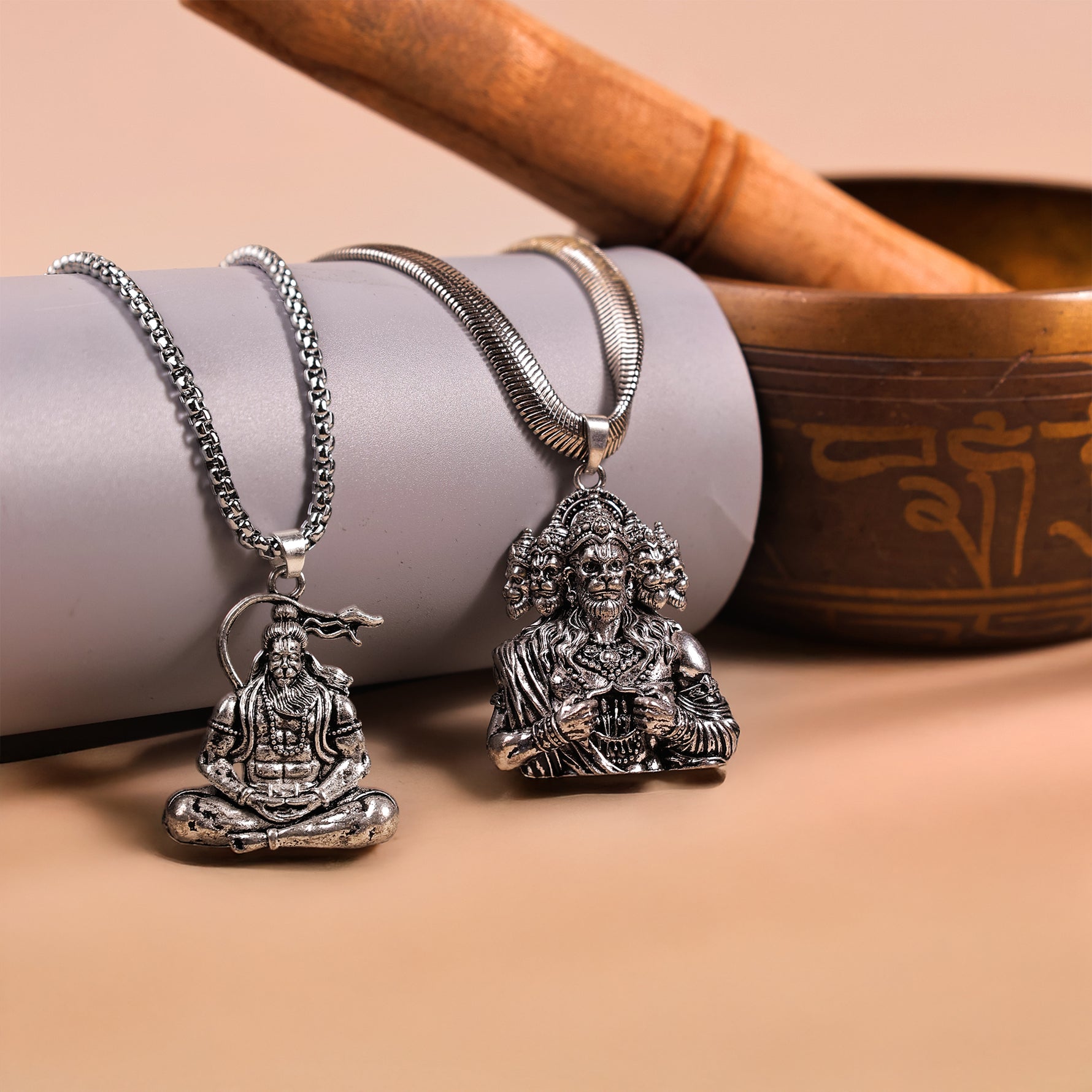 Silver Panchmukhi & Meditating Hanuman Ji Pendant ComboSilver Panchmukhi & Meditating Hanuman Ji Pendant Combo - Abhimantrit