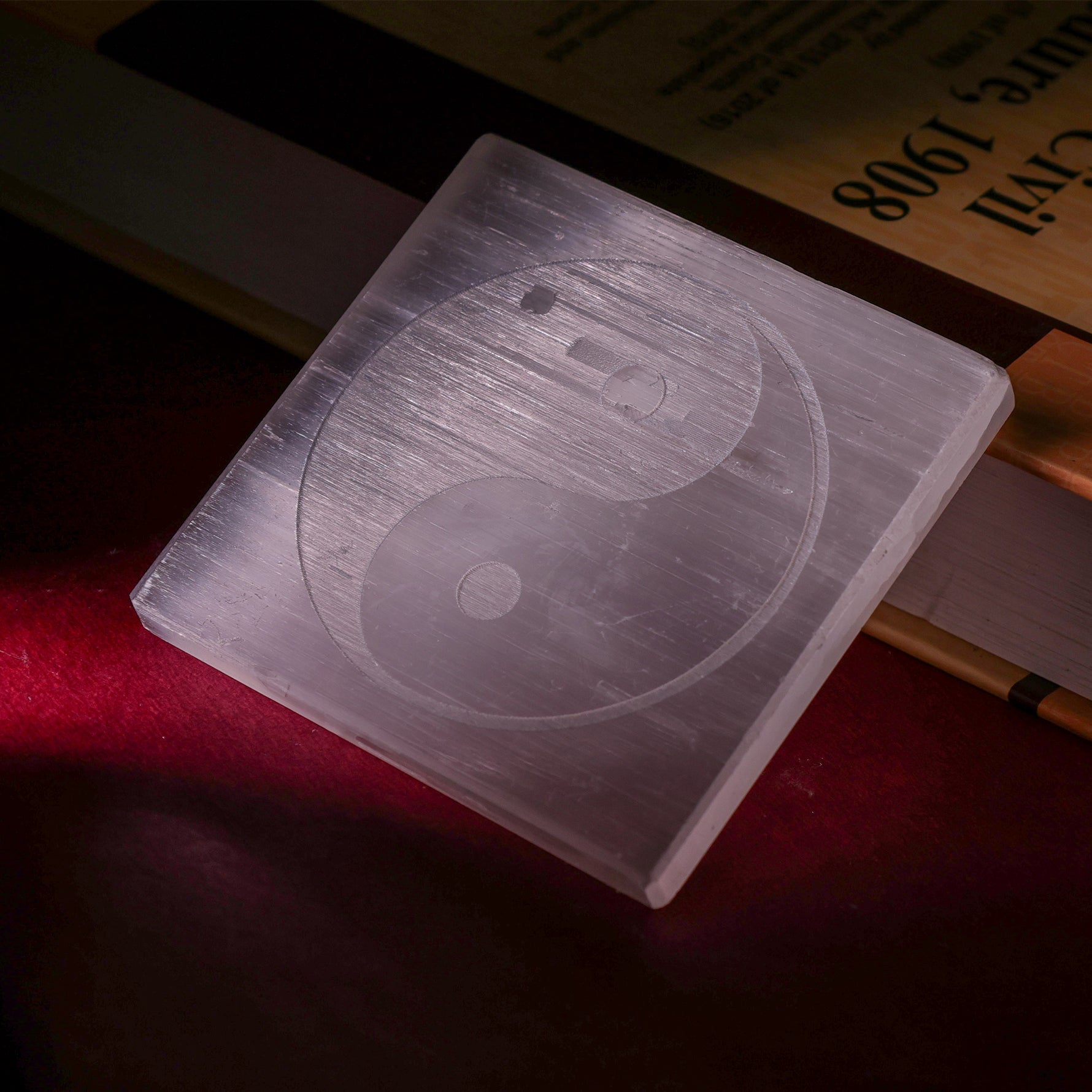 Yin & Yang Selenite Plate Square - Abhimantrit