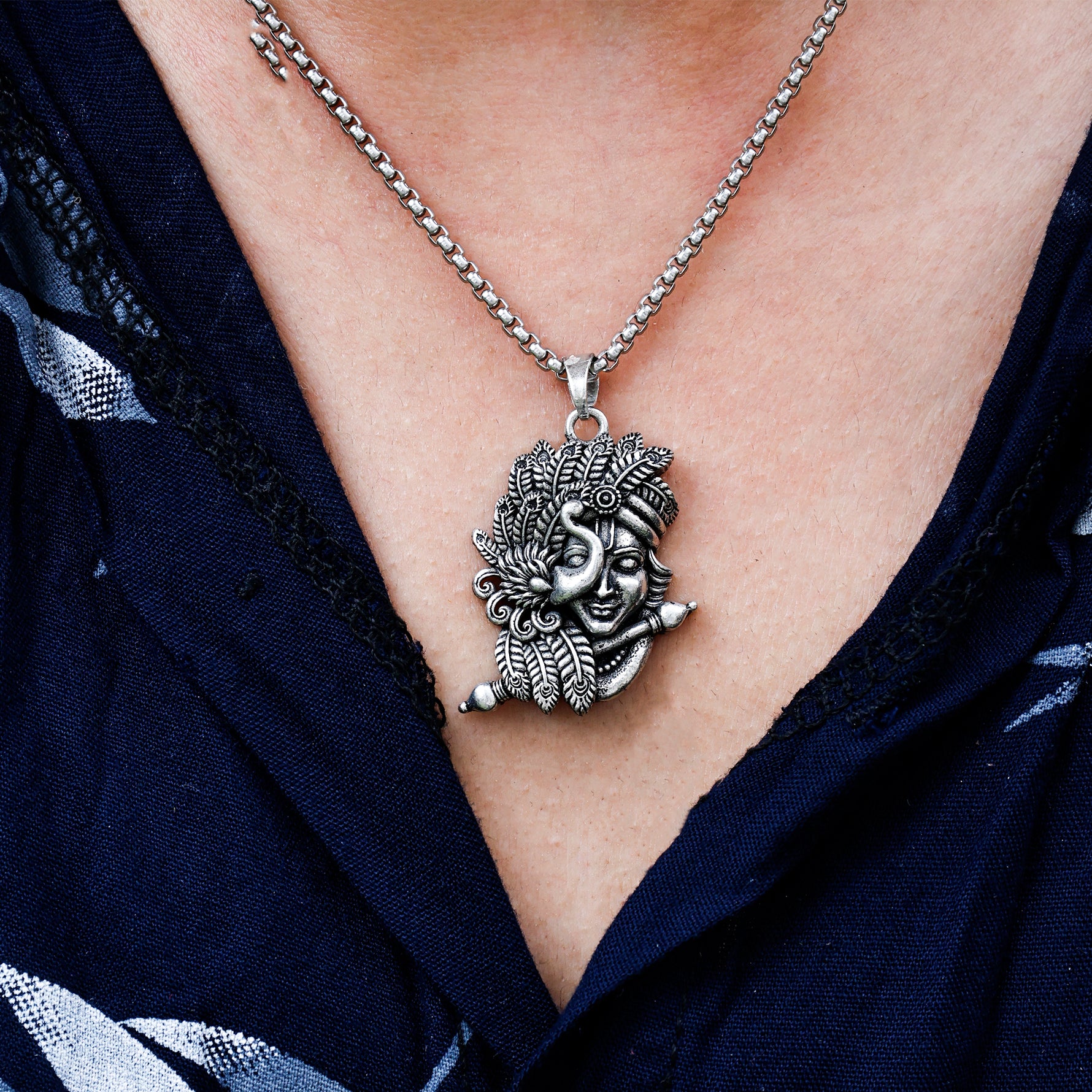 Silver Plated Krishna with Peacock Pendant - Abhimantrit