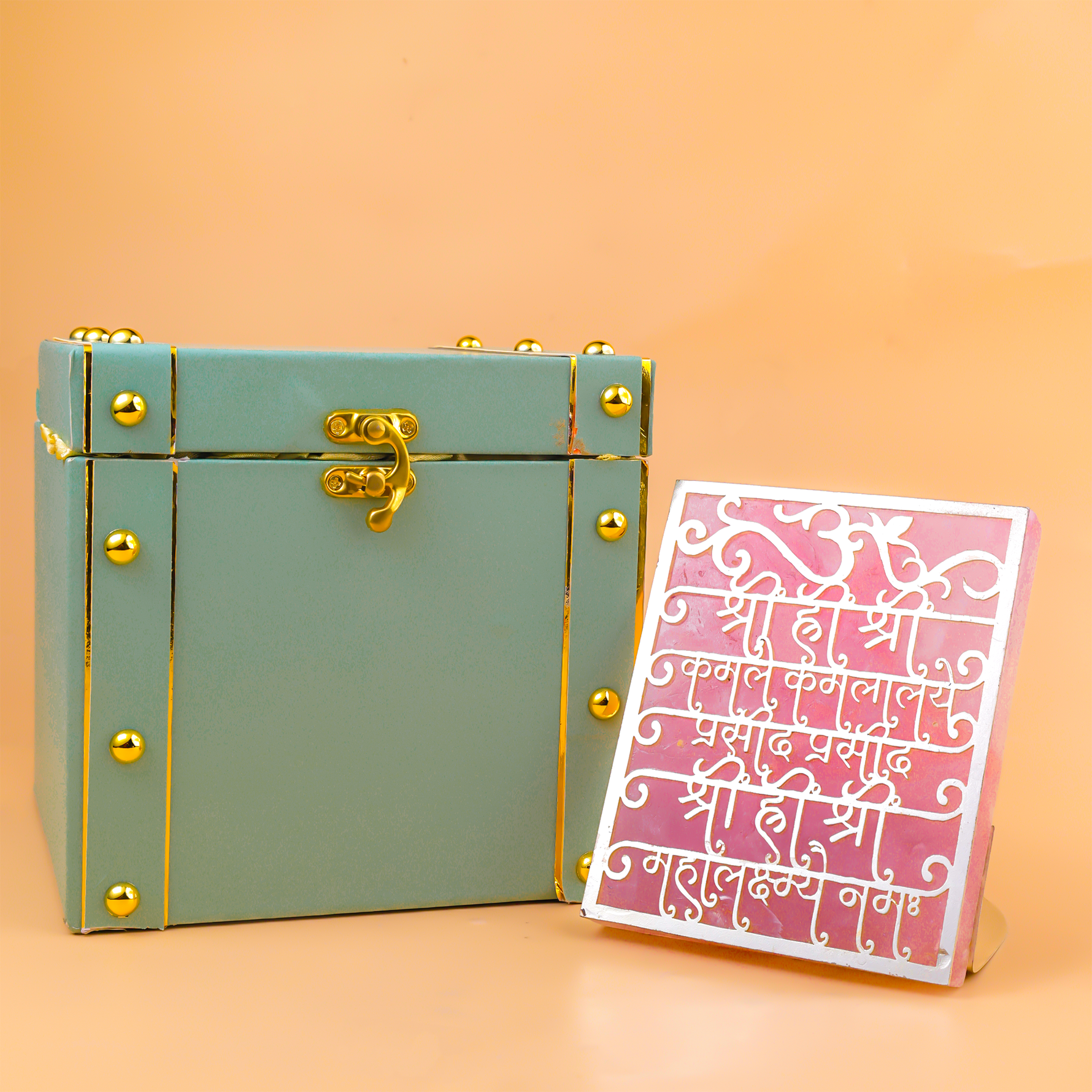 Shree Mahalakshmi Beej Dhyan Mantra Rose Quartz Tealight Holder - Home Decor