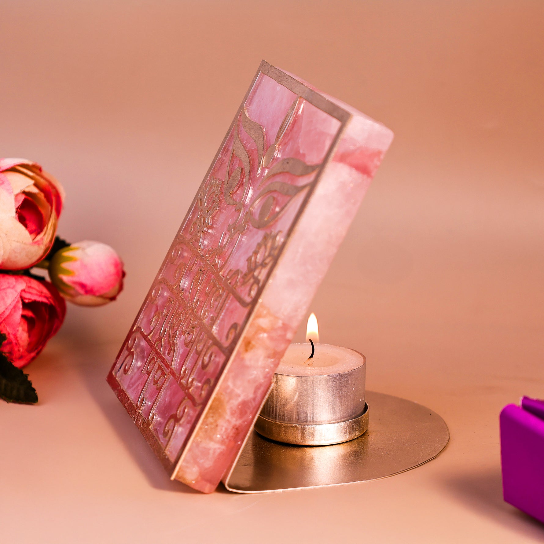 Chamunda Beej Mantra Rose Quartz Tealight Holder Chamunda Beej Mantra Rose Quartz Tealight Holder - Home Decor
