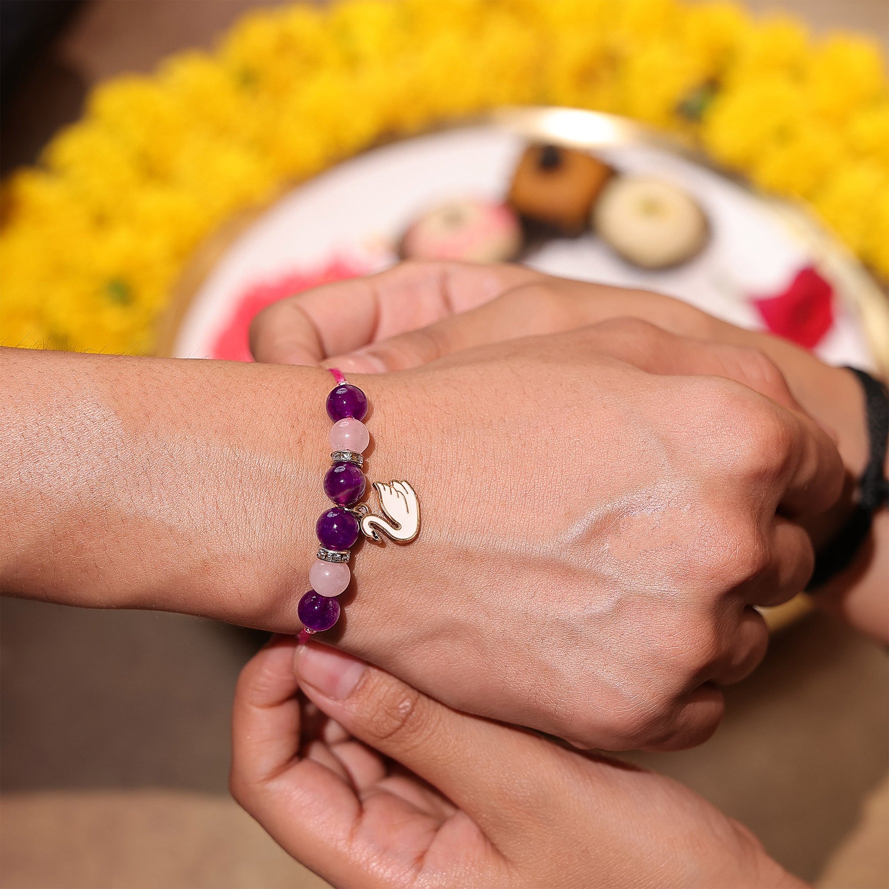 amethyst and rose quartz Rakhi - Abhimantrit & Certified