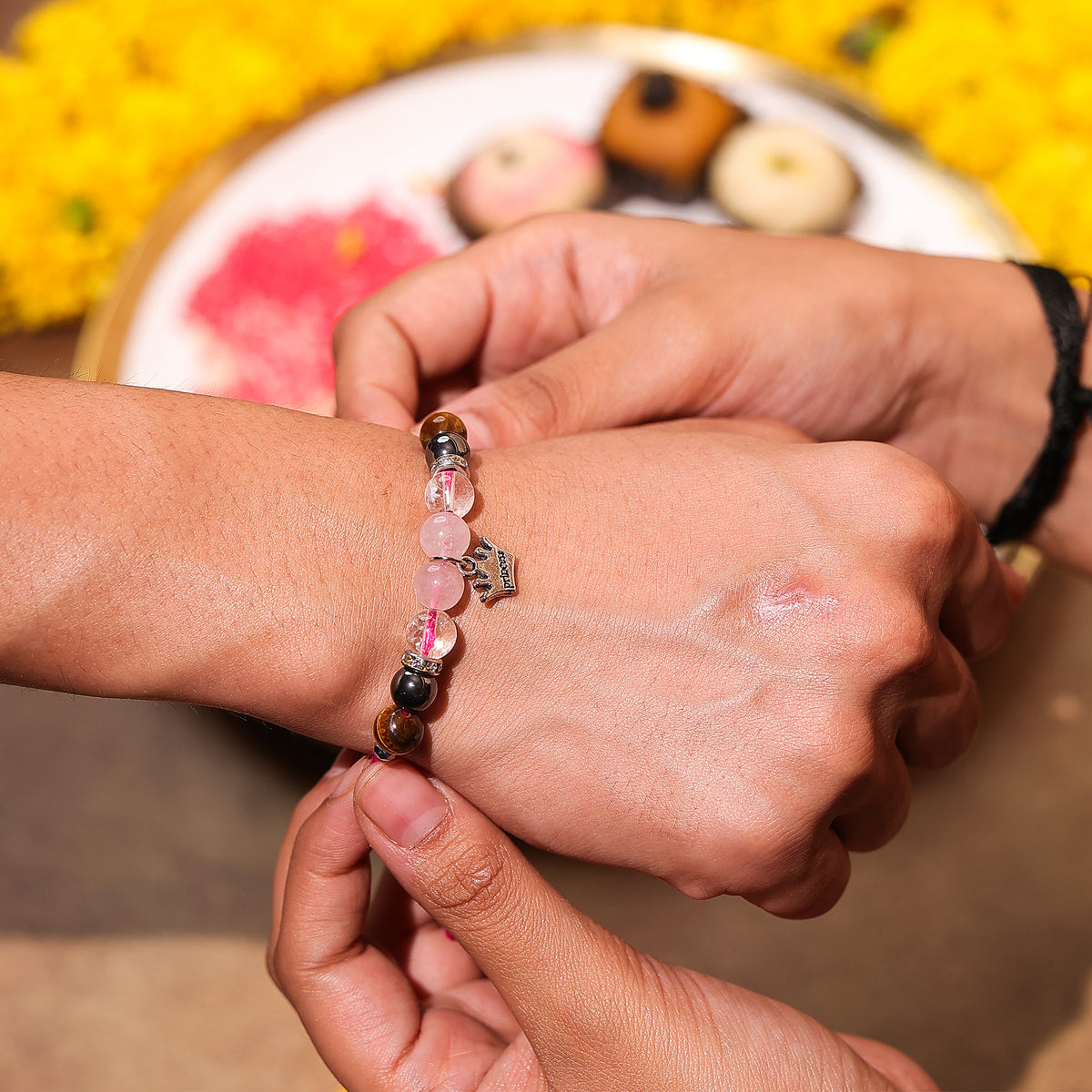 Rose quatz and tiger eye combo rakhi